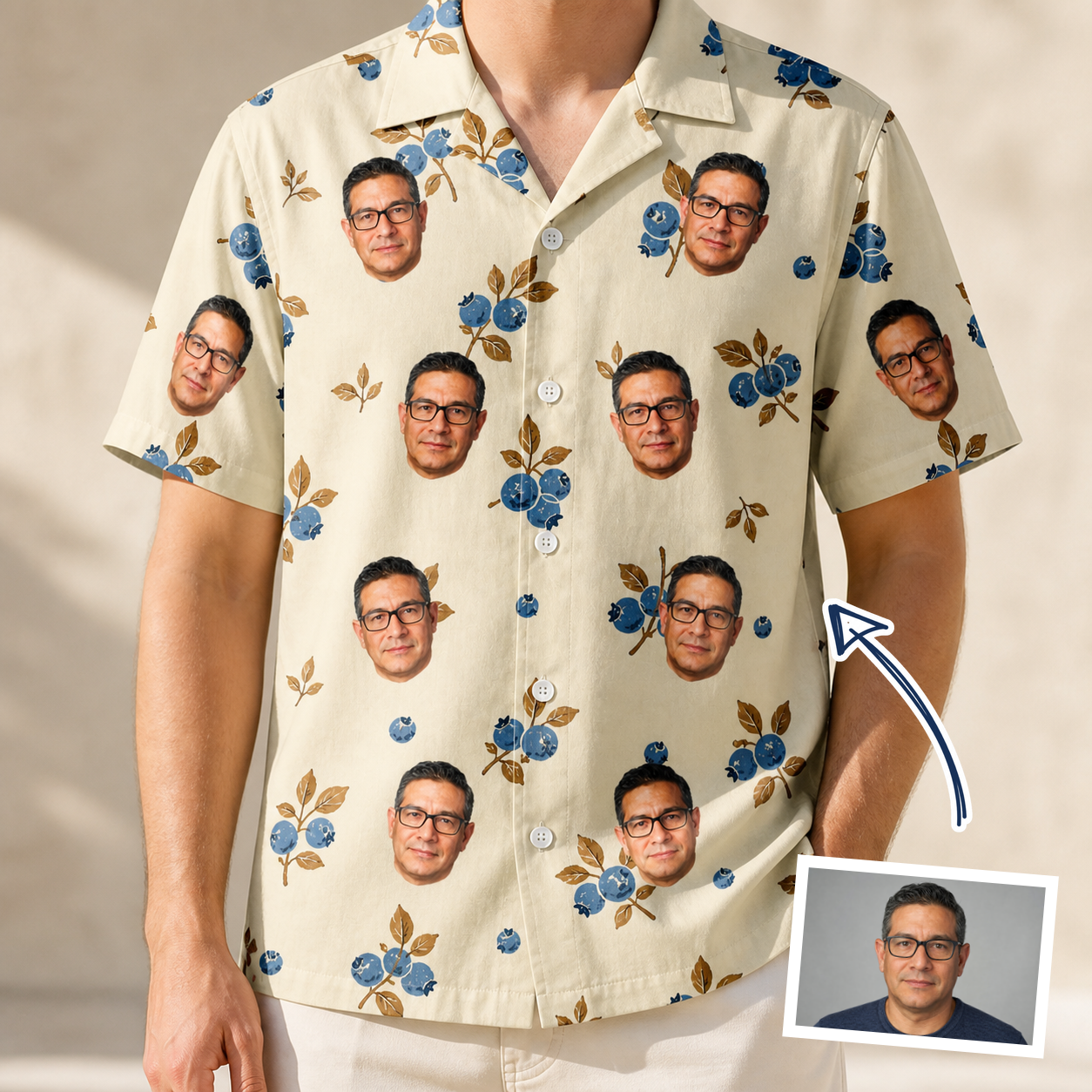 Man wearing Men's Cobalt Cobblers Custom Face Hawaiian Shirt — custom faces printed all-over