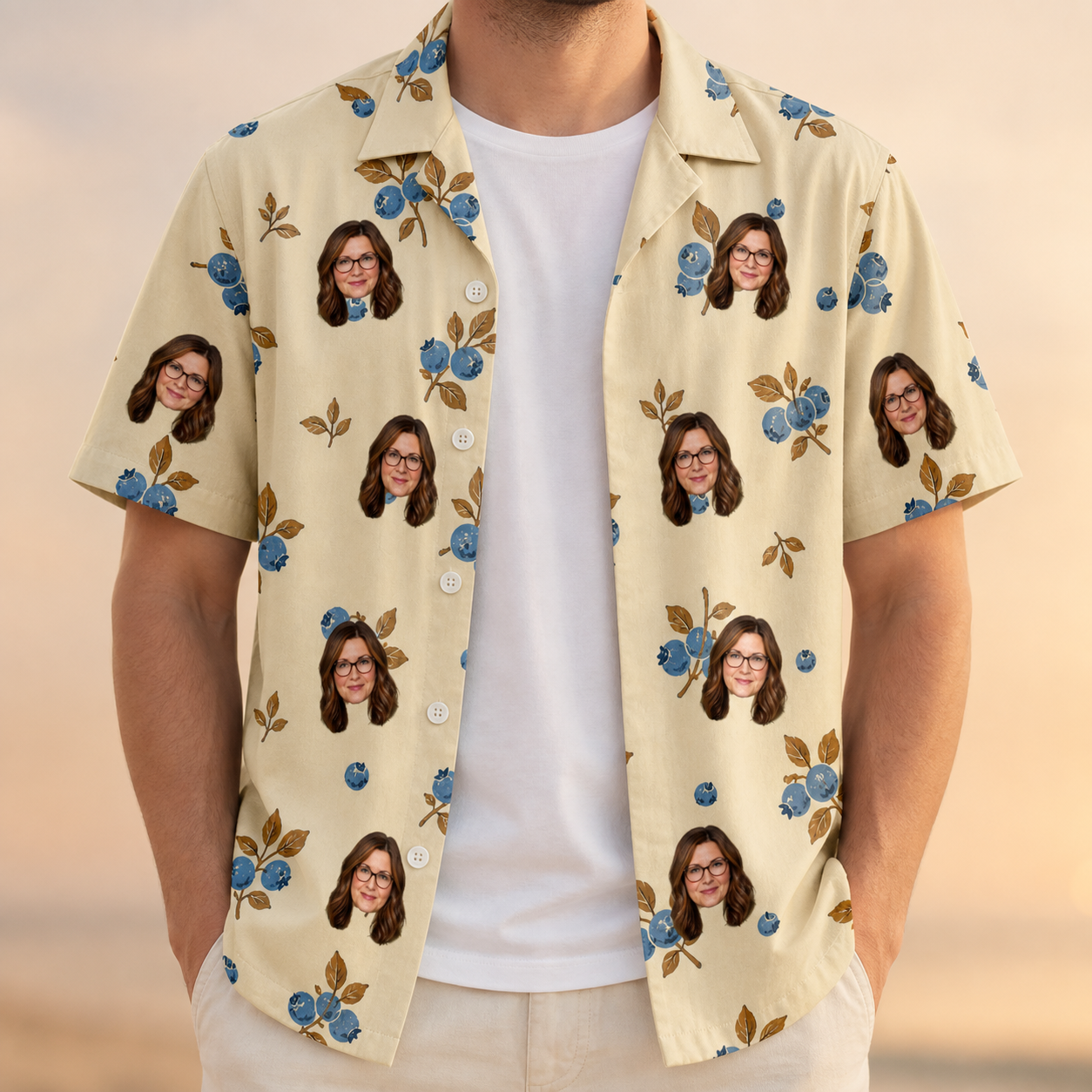 Man wearing Men's Cobalt Cobblers Custom Face Hawaiian Shirt open over a white tee