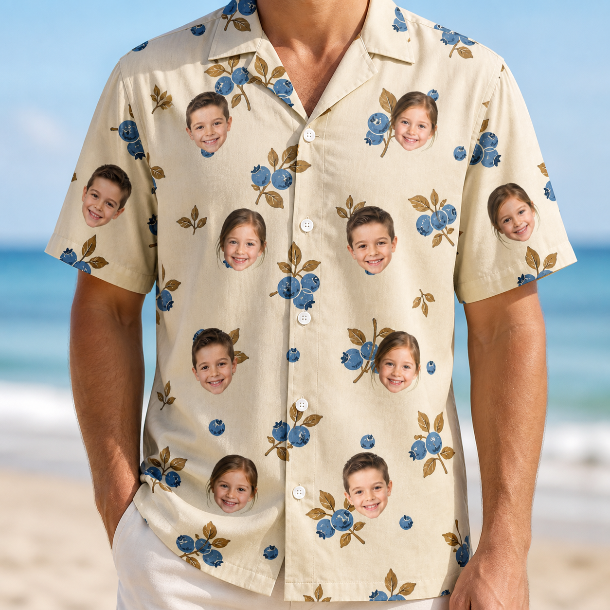 Model wearing Men's Cobalt Cobblers Custom Face Hawaiian Shirt printed with kids' faces
