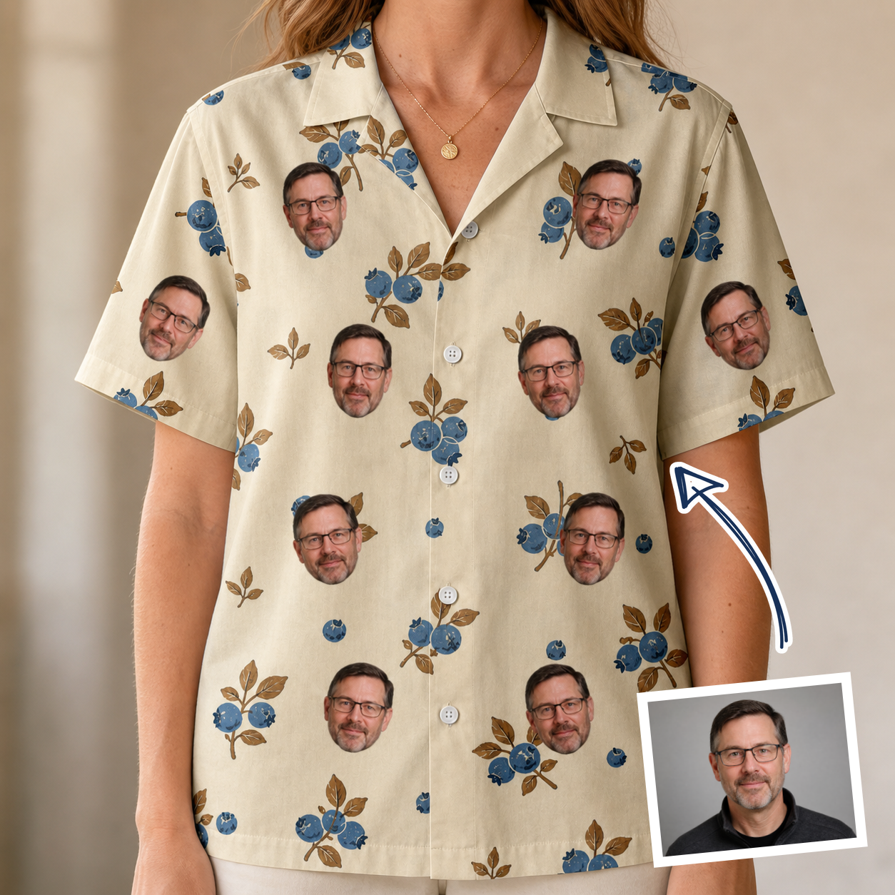 Woman wearing Women's Cobalt Cobblers Custom Face Hawaiian Shirt — custom faces printed all-over