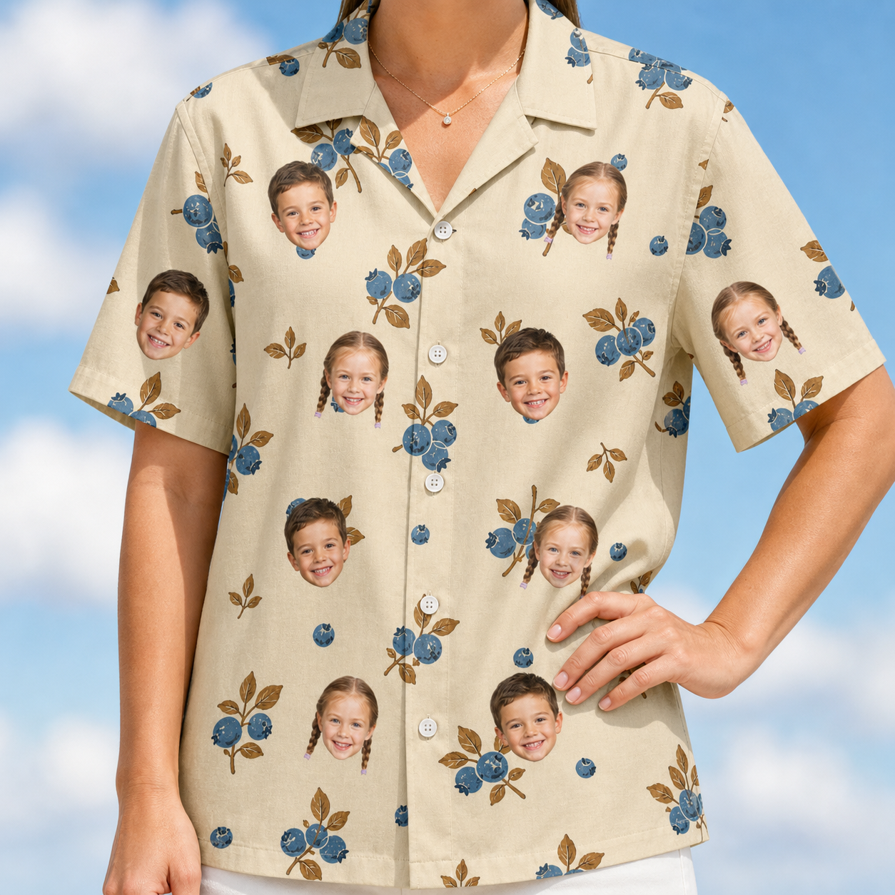 Model wearing Women's Cobalt Cobblers Custom Face Hawaiian Shirt printed with kids' faces