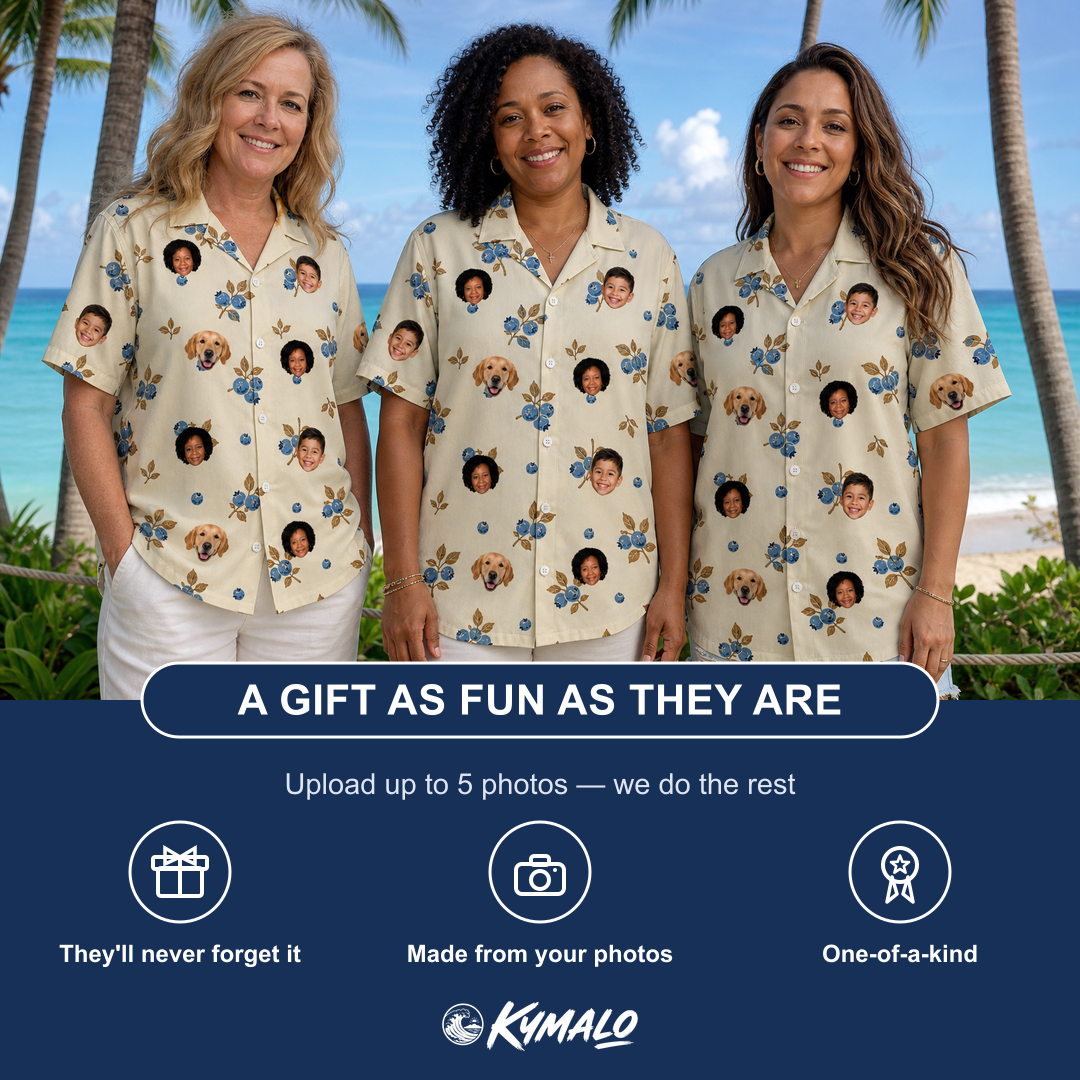 Friends in matching Women's Cobalt Cobblers Custom Face Hawaiian Shirt — a group gift photo
