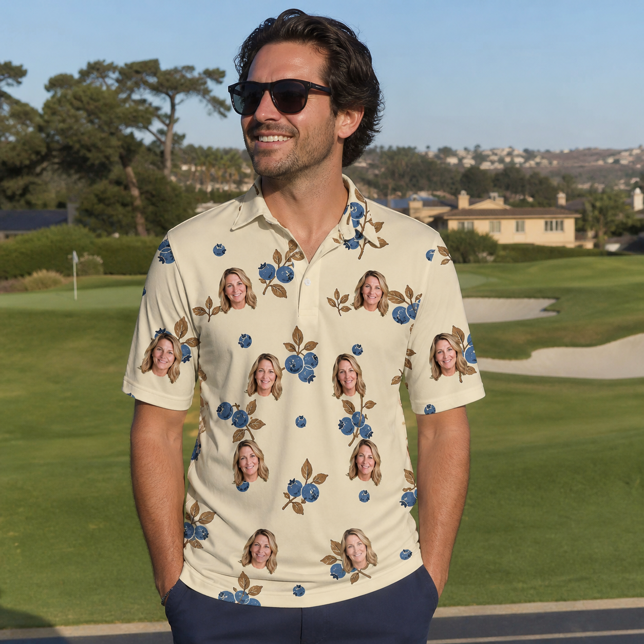 Real-life photo of someone wearing Men's Cobalt Cobblers Custom Face Polo Shirt — custom faces printed all-over