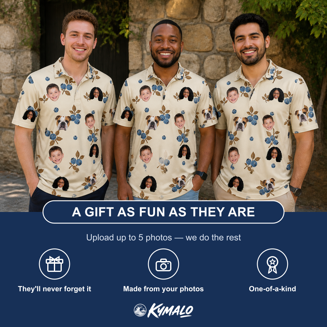 Friends in matching Men's Cobalt Cobblers Custom Face Polo Shirt — a group gift photo