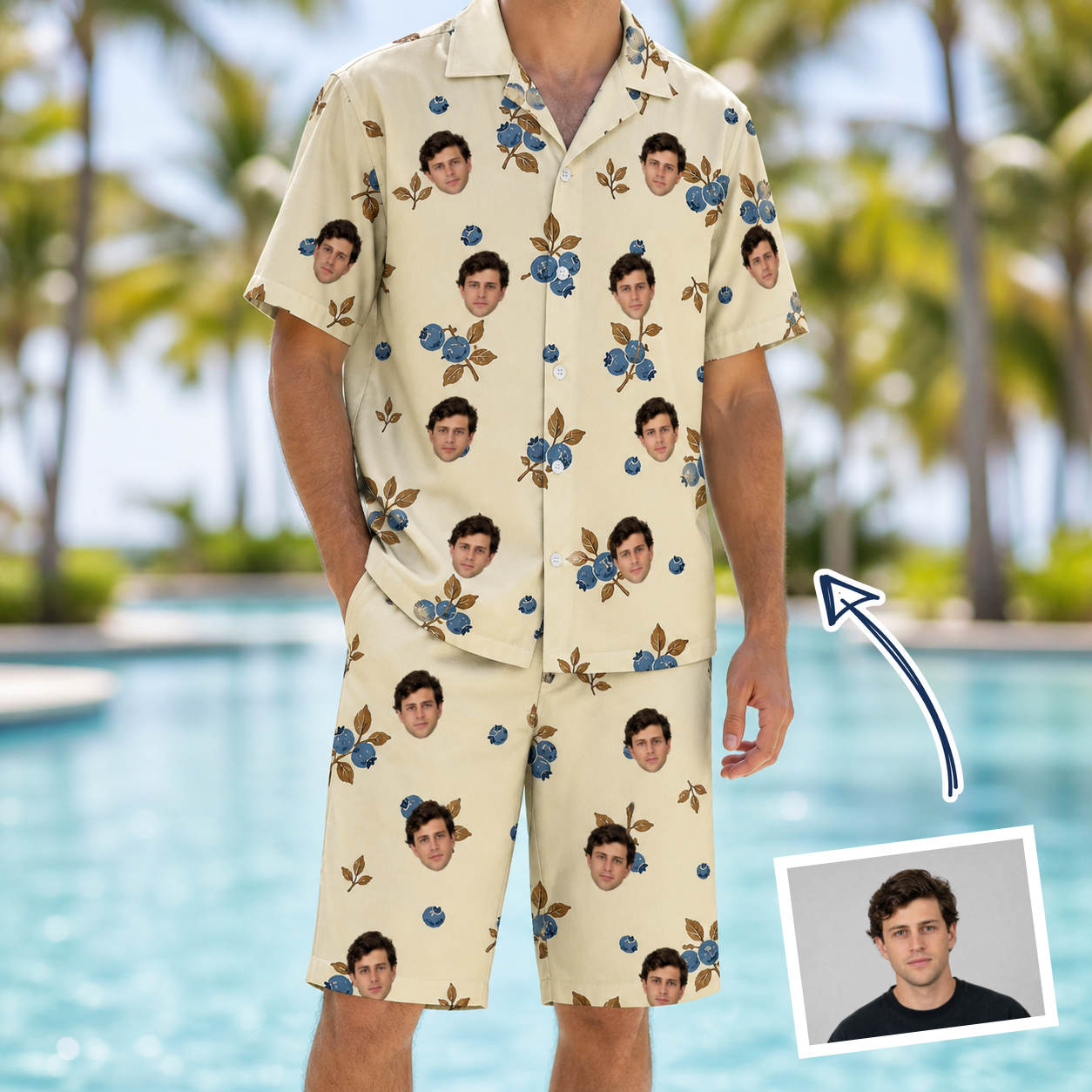 Man wearing Men's Cobalt Cobblers Custom Face Shirt & Shorts Set — custom faces printed all-over