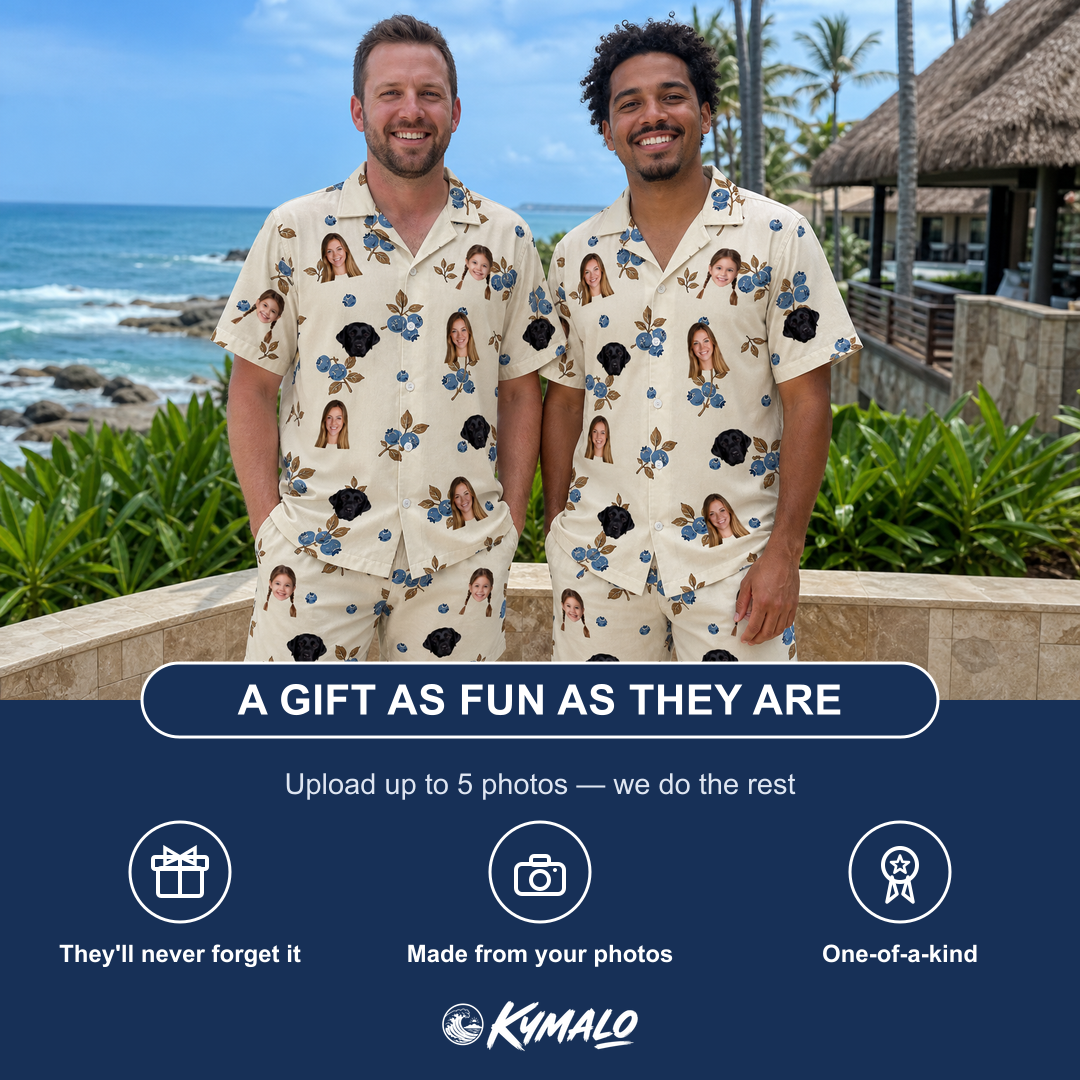 Friends in matching Men's Cobalt Cobblers Custom Face Shirt & Shorts Set — a group gift photo