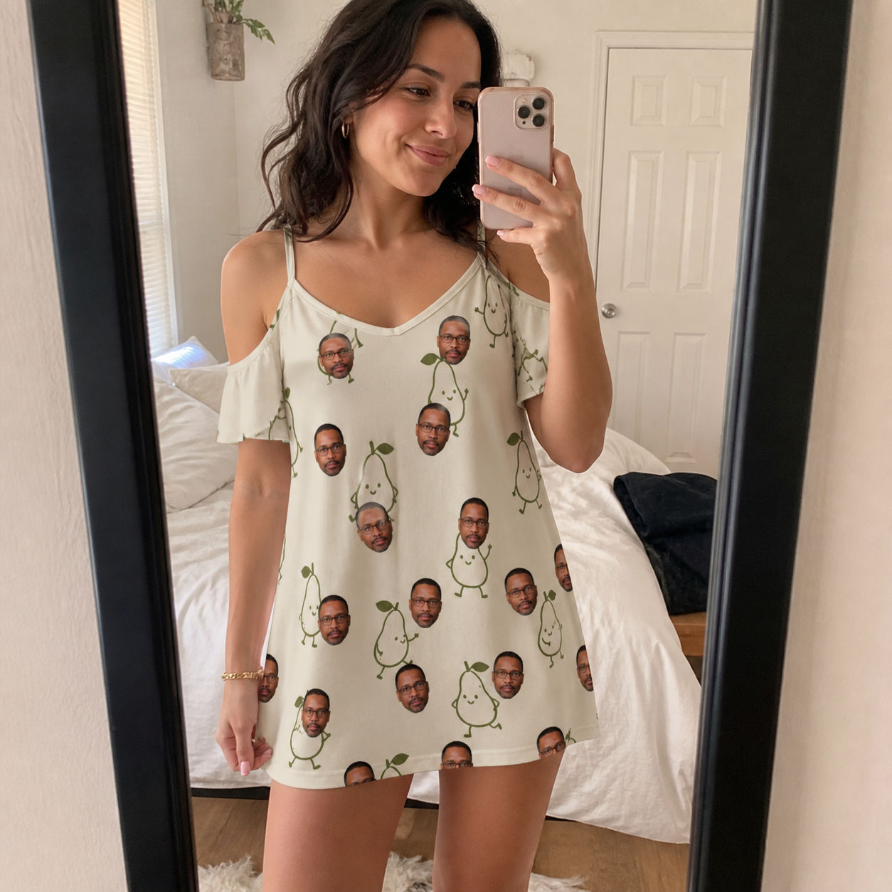 Real-life photo of someone wearing Women's Pear Pressure Custom Face Off-Shoulder Dress — custom faces printed all-over