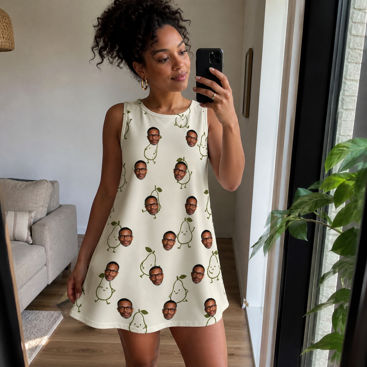 Real-life photo of someone wearing Women's Pear Pressure Custom Face Tank Dress — custom faces printed all-over