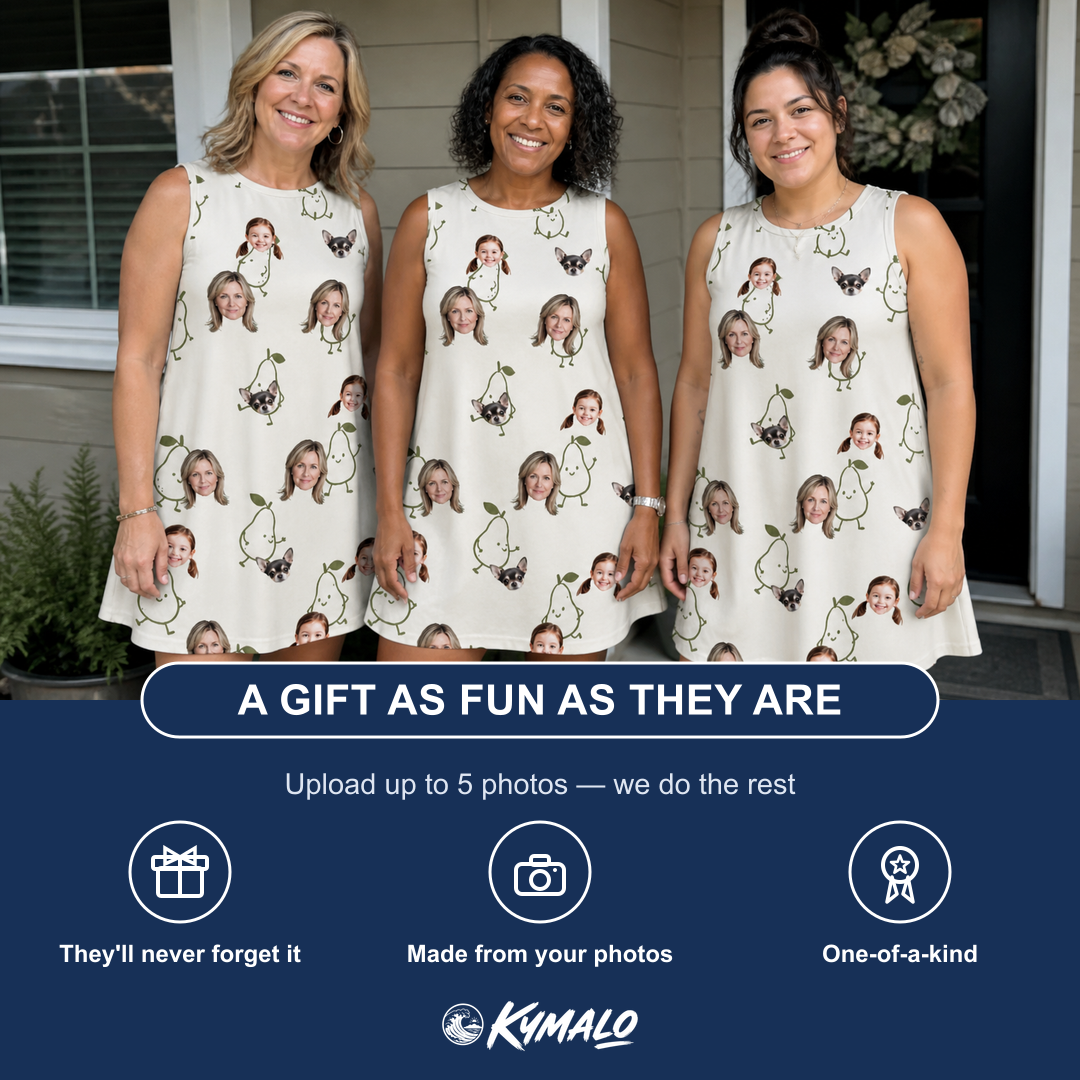 Friends in matching Women's Pear Pressure Custom Face Tank Dress — a group gift photo