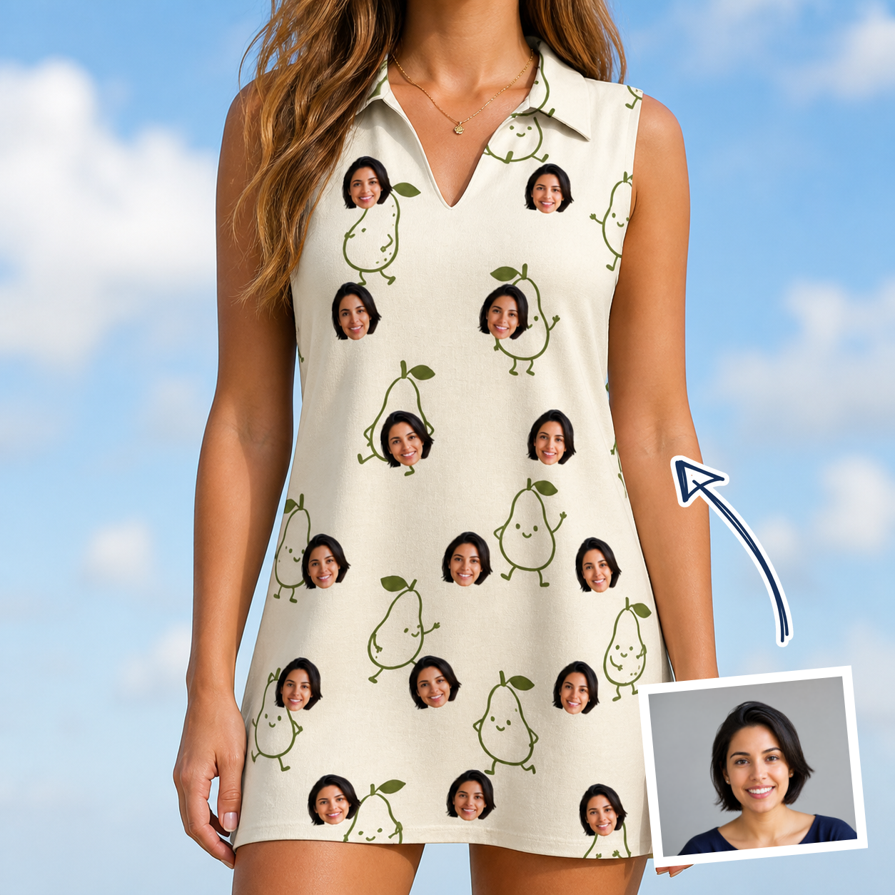 Woman wearing Women's Pear Pressure Custom Face V-Neck Dress — custom faces printed all-over