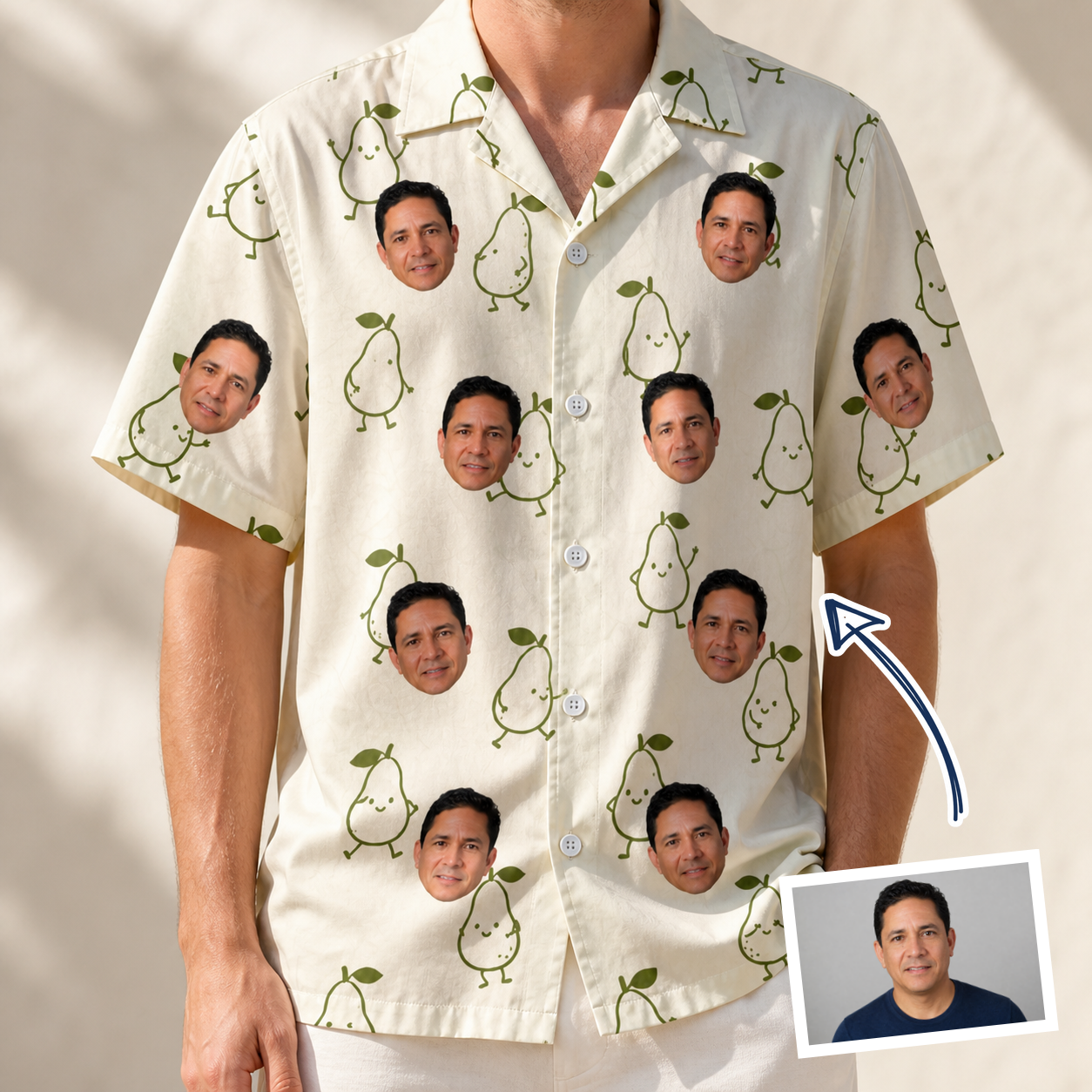 Man wearing Men's Pear Pressure Custom Face Hawaiian Shirt — custom faces printed all-over