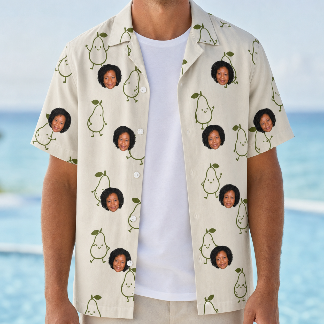 Man wearing Men's Pear Pressure Custom Face Hawaiian Shirt open over a white tee