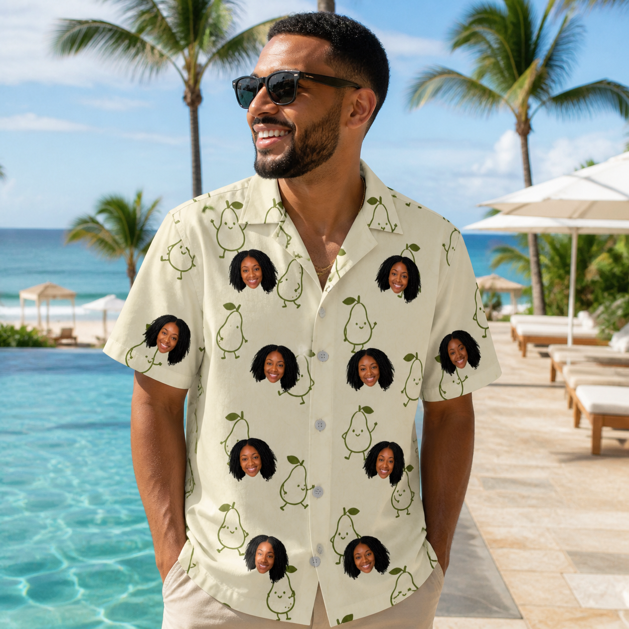 Real-life photo of someone wearing Men's Pear Pressure Custom Face Hawaiian Shirt — custom faces printed all-over