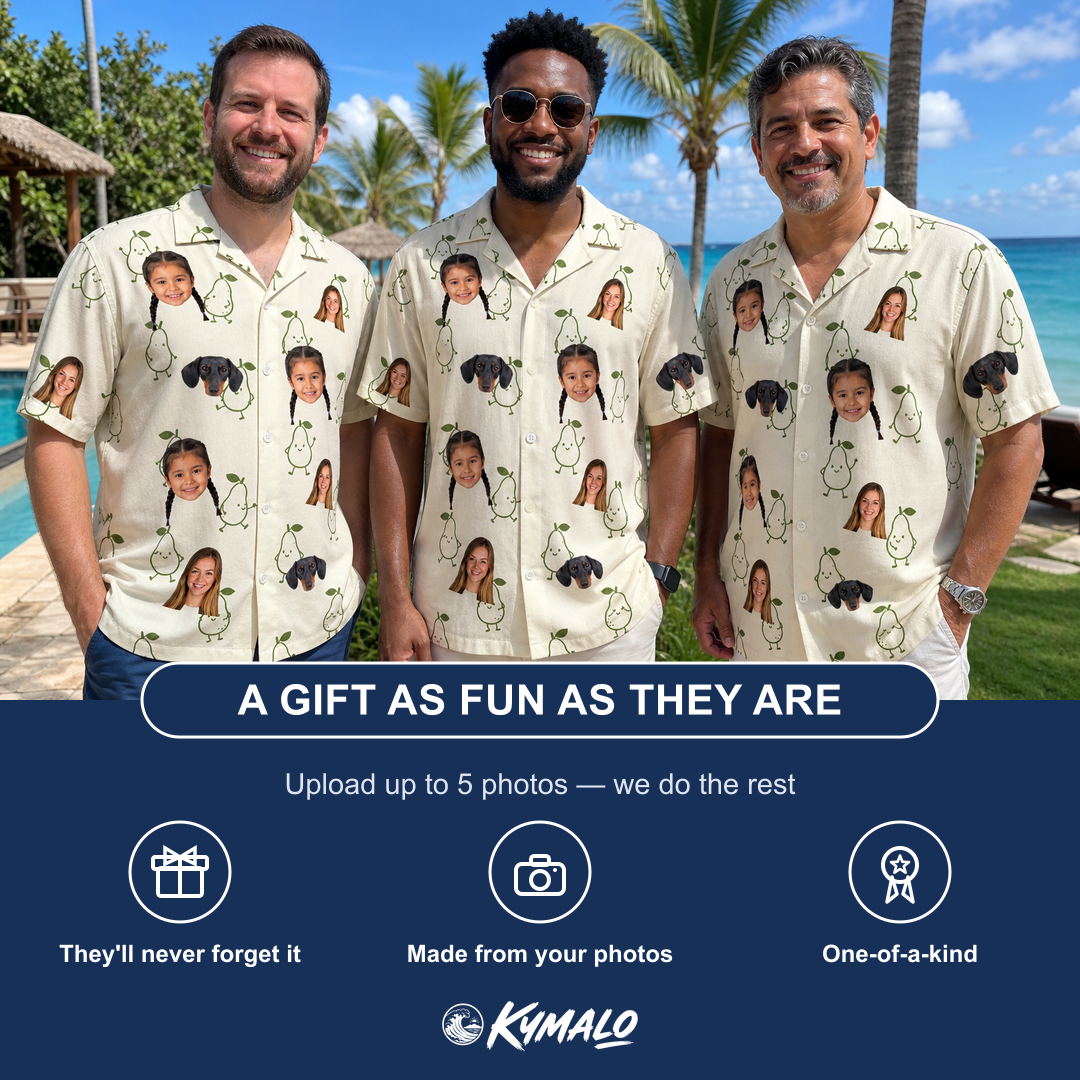 Friends in matching Men's Pear Pressure Custom Face Hawaiian Shirt — a group gift photo