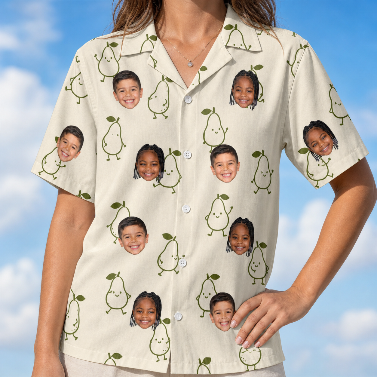 Model wearing Women's Pear Pressure Custom Face Hawaiian Shirt printed with kids' faces