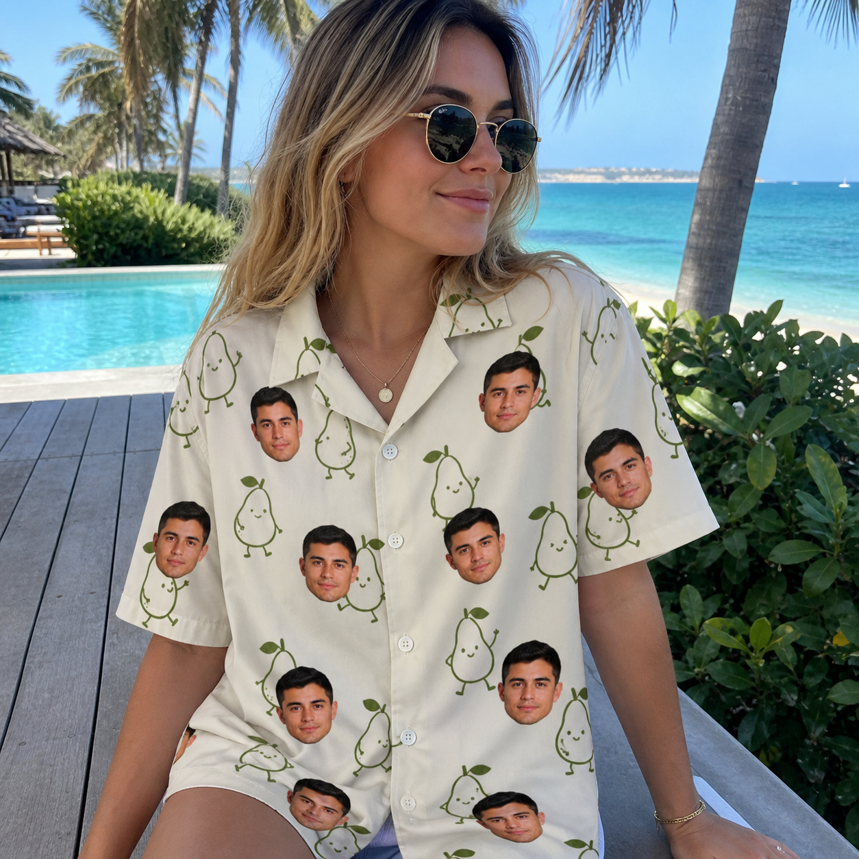 Real-life photo of someone wearing Women's Pear Pressure Custom Face Hawaiian Shirt — custom faces printed all-over