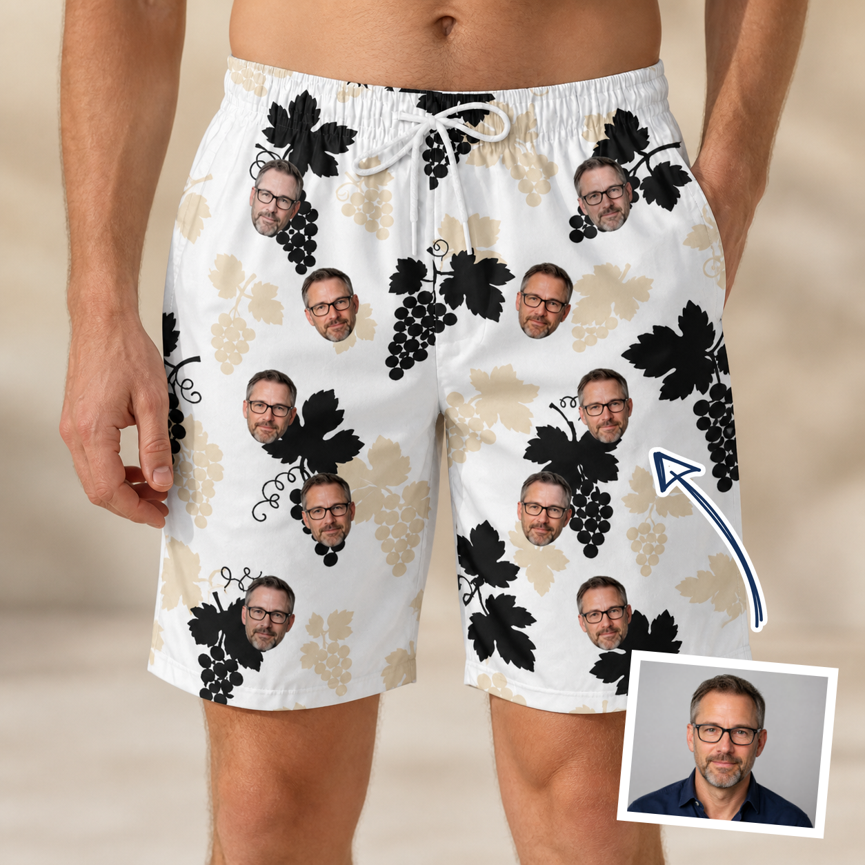 Man wearing Men's Juicy Jewels Custom Face Beach Shorts — custom faces printed all-over