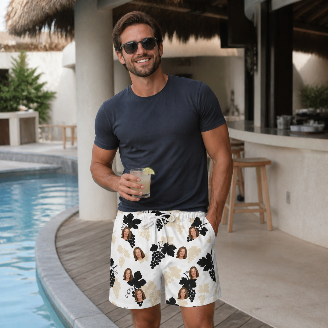 Real-life photo of someone wearing Men's Juicy Jewels Custom Face Beach Shorts — custom faces printed all-over