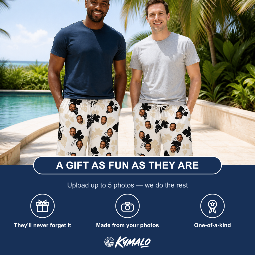 Friends in matching Men's Juicy Jewels Custom Face Beach Shorts — a group gift photo