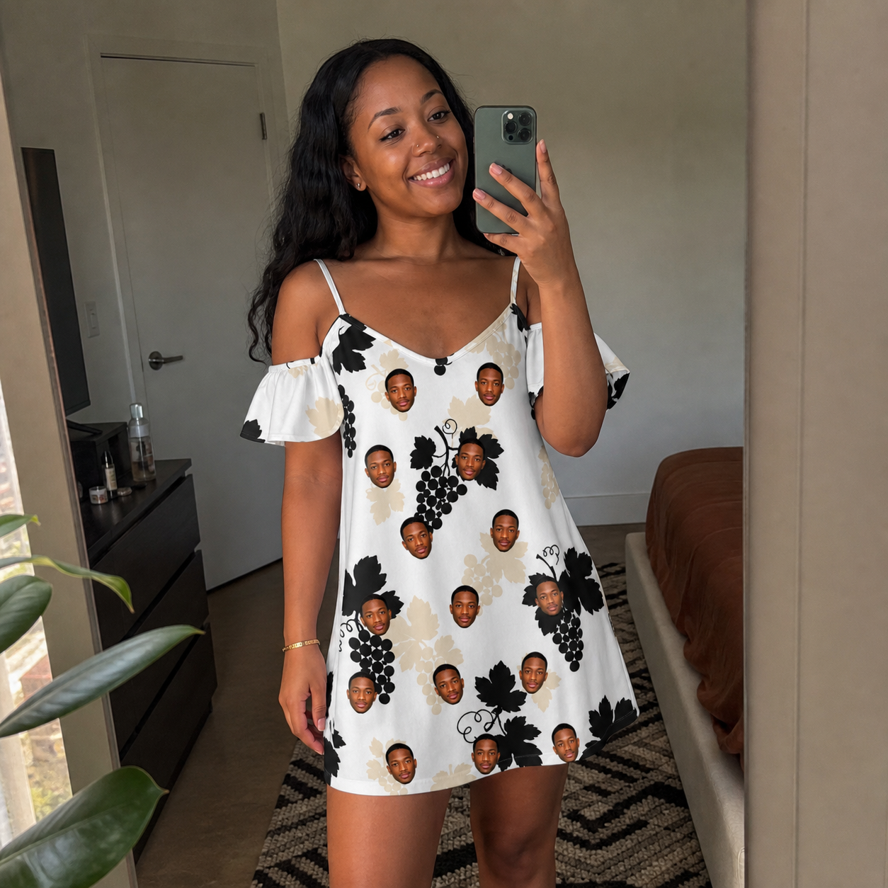 Real-life photo of someone wearing Women's Juicy Jewels Custom Face Off-Shoulder Dress — custom faces printed all-over