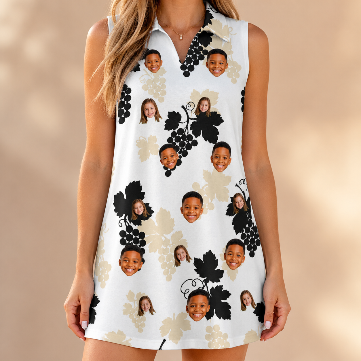 Model wearing Women's Juicy Jewels Custom Face V-Neck Dress printed with kids' faces
