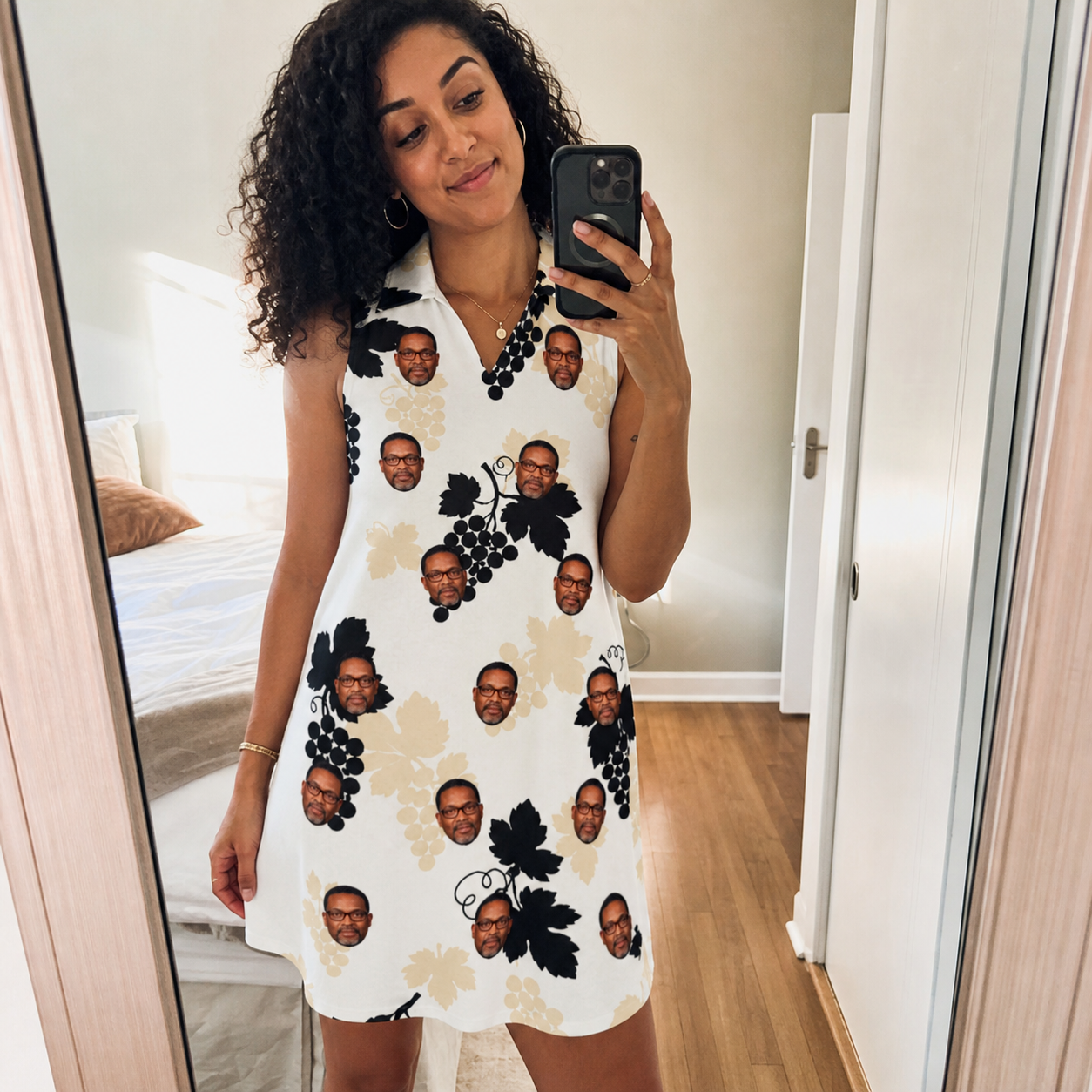 Real-life photo of someone wearing Women's Juicy Jewels Custom Face V-Neck Dress — custom faces printed all-over