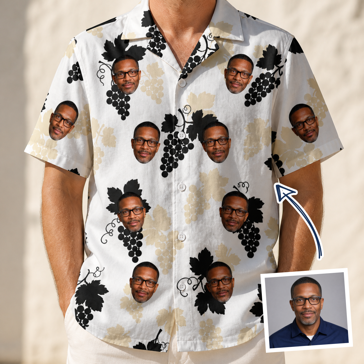 Man wearing Men's Juicy Jewels Custom Face Hawaiian Shirt — custom faces printed all-over