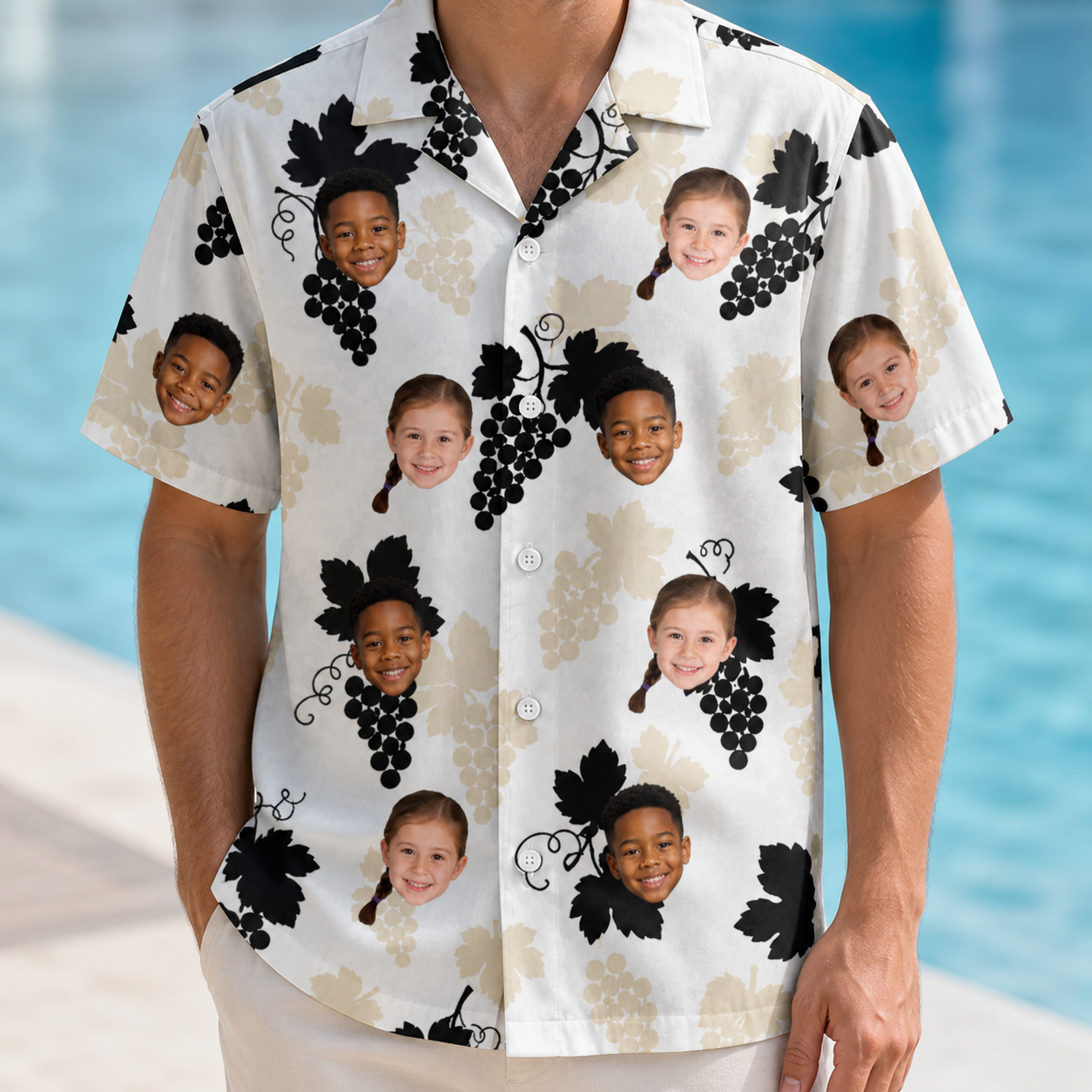 Model wearing Men's Juicy Jewels Custom Face Hawaiian Shirt printed with kids' faces