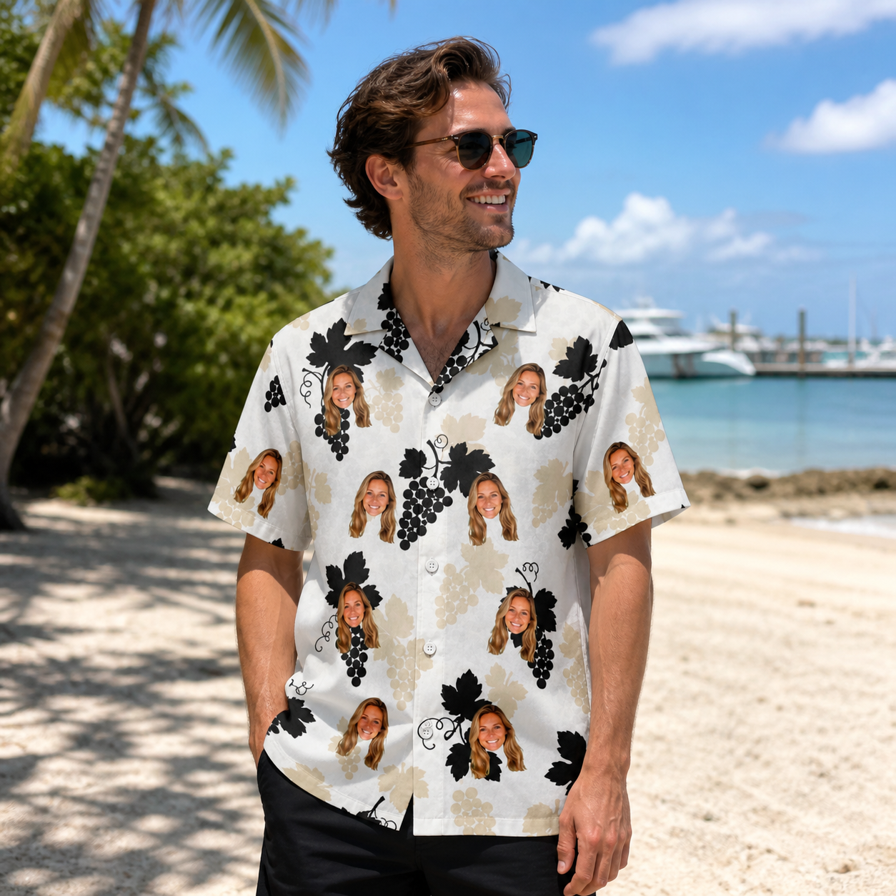 Real-life photo of someone wearing Men's Juicy Jewels Custom Face Hawaiian Shirt — custom faces printed all-over