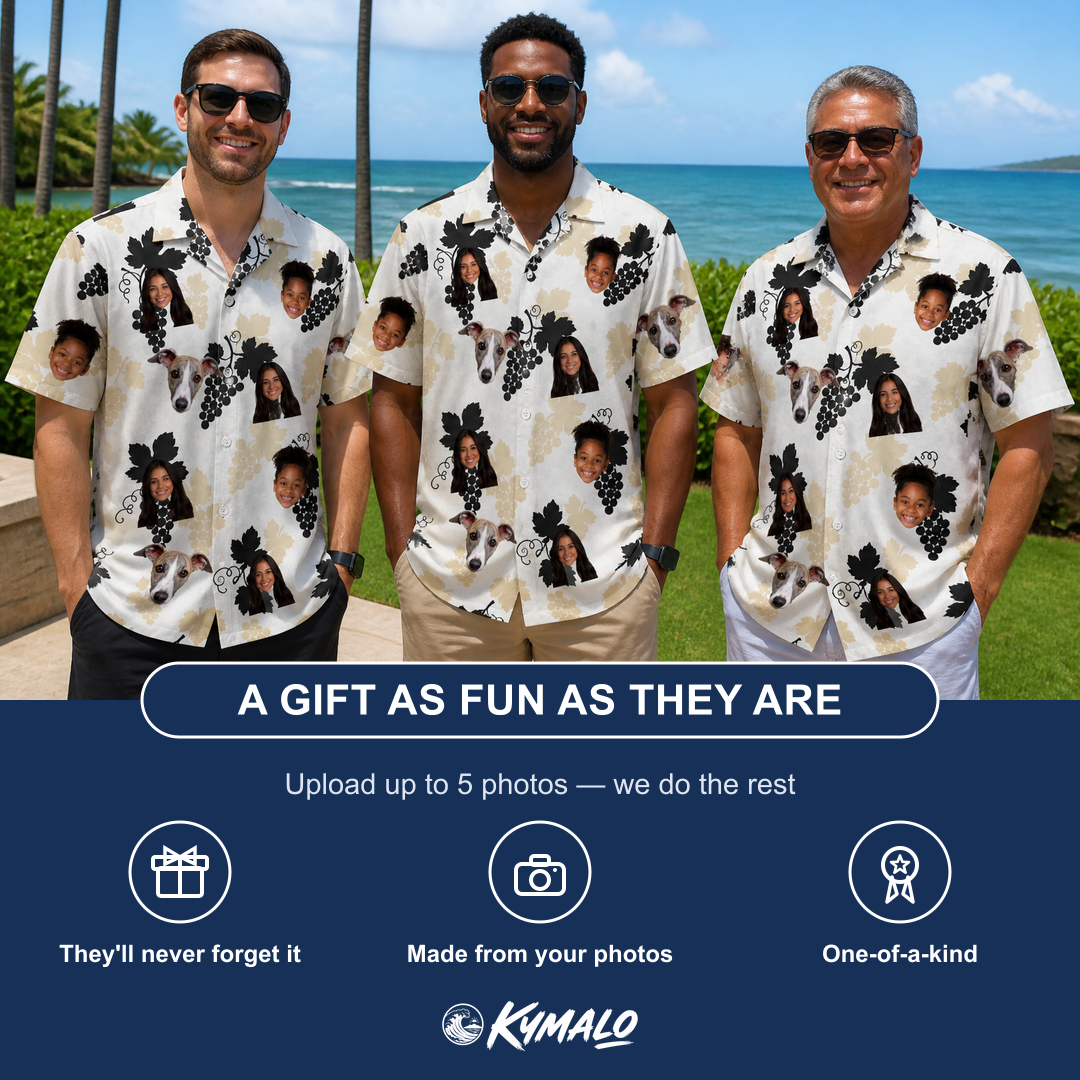 Friends in matching Men's Juicy Jewels Custom Face Hawaiian Shirt — a group gift photo
