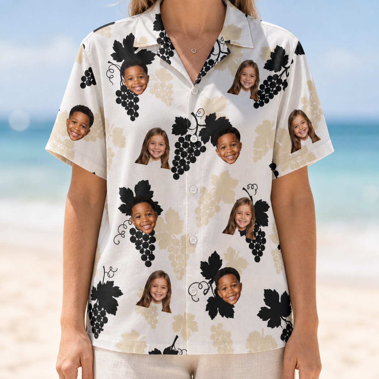 Model wearing Women's Juicy Jewels Custom Face Hawaiian Shirt printed with kids' faces