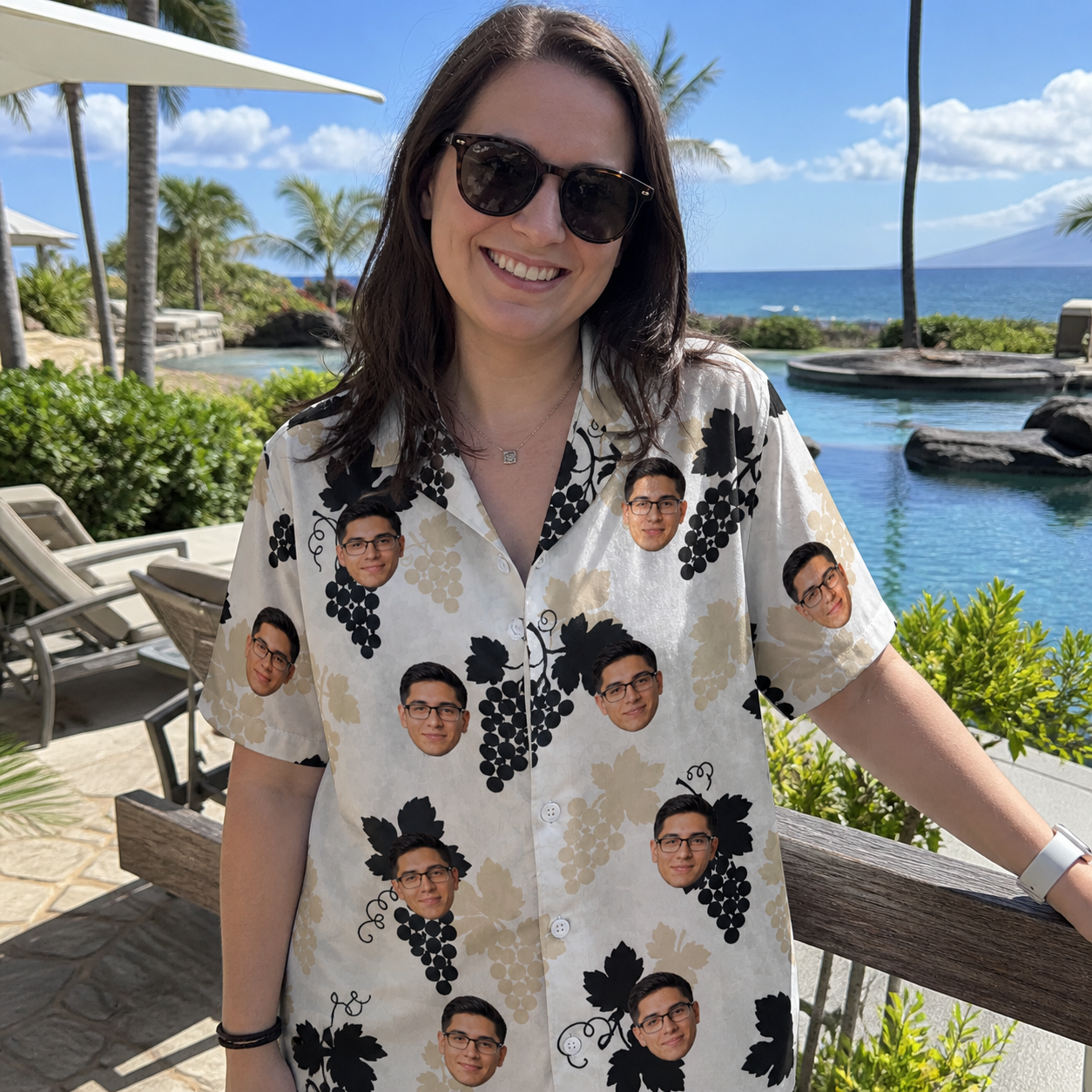 Real-life photo of someone wearing Women's Juicy Jewels Custom Face Hawaiian Shirt — custom faces printed all-over