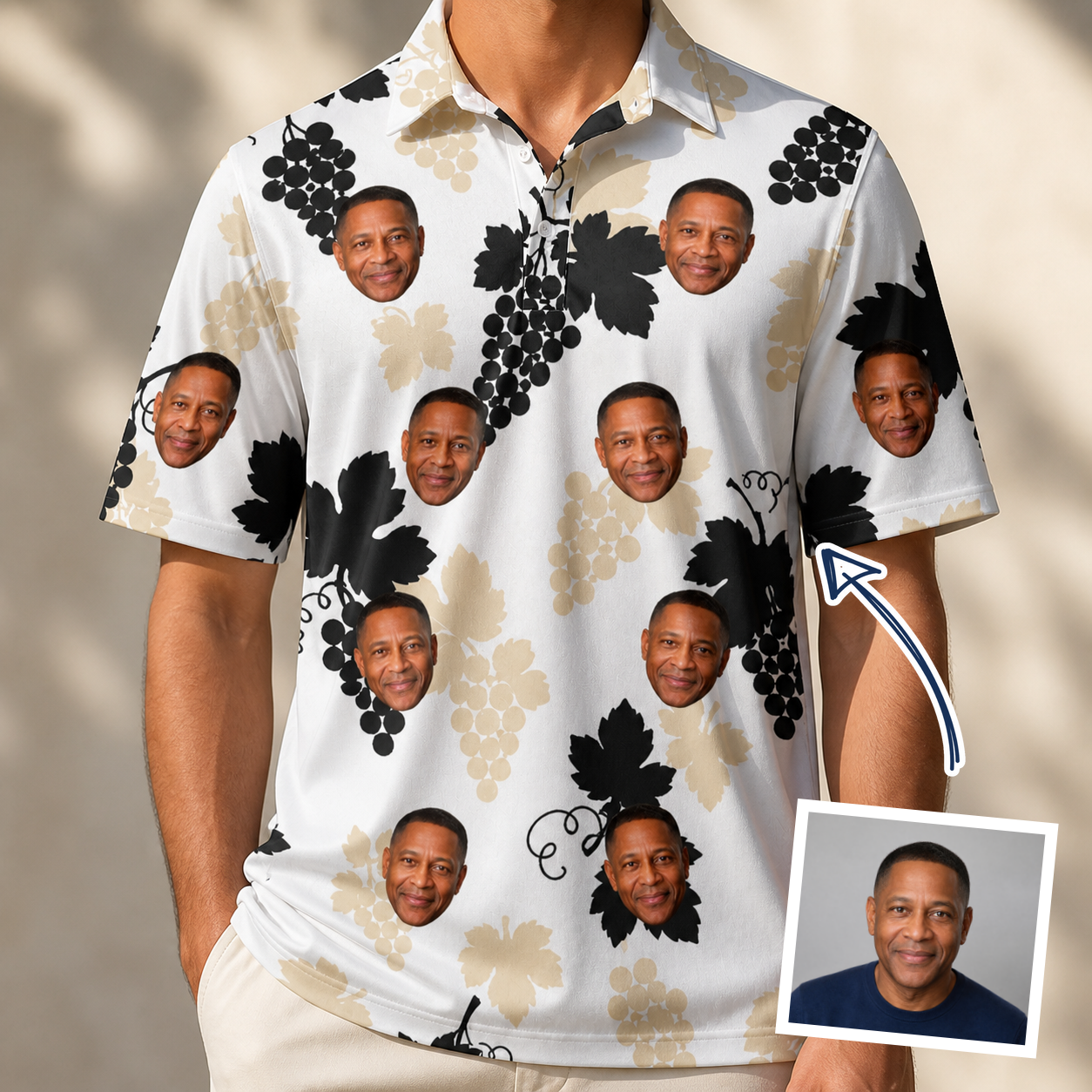 Man wearing Men's Juicy Jewels Custom Face Polo Shirt — custom faces printed all-over