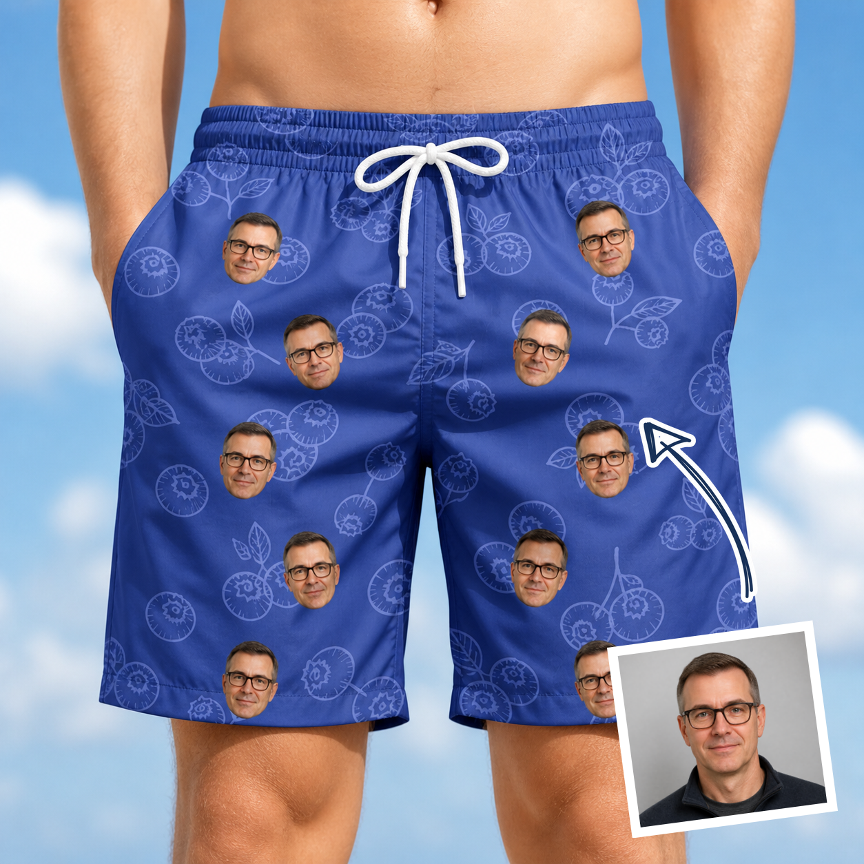 Man wearing Men's Blueberry Boogie Custom Face Beach Shorts — custom faces printed all-over