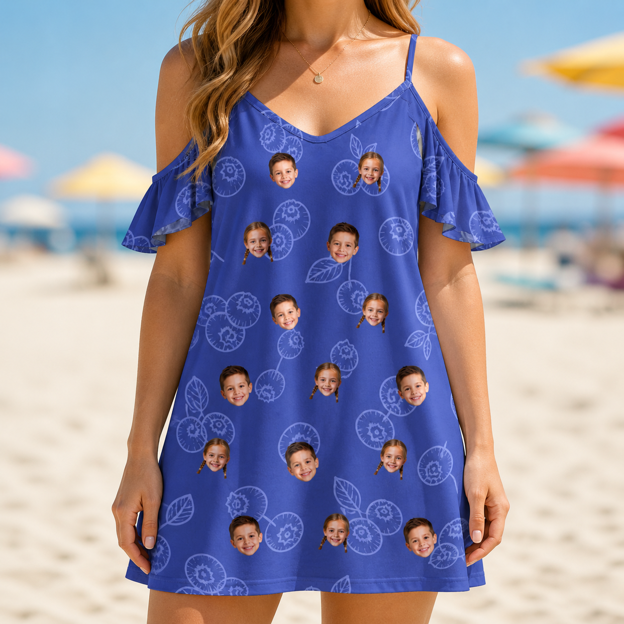 Model wearing Women's Blueberry Boogie Custom Face Off-Shoulder Dress printed with kids' faces