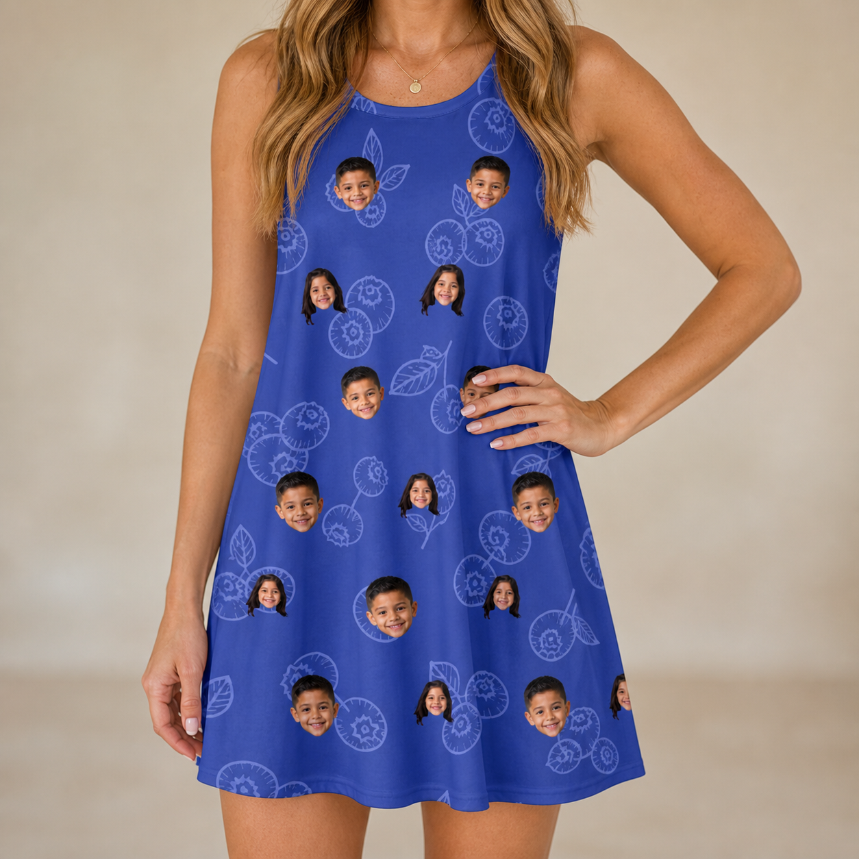 Model wearing Women's Blueberry Boogie Custom Face Tank Dress printed with kids' faces