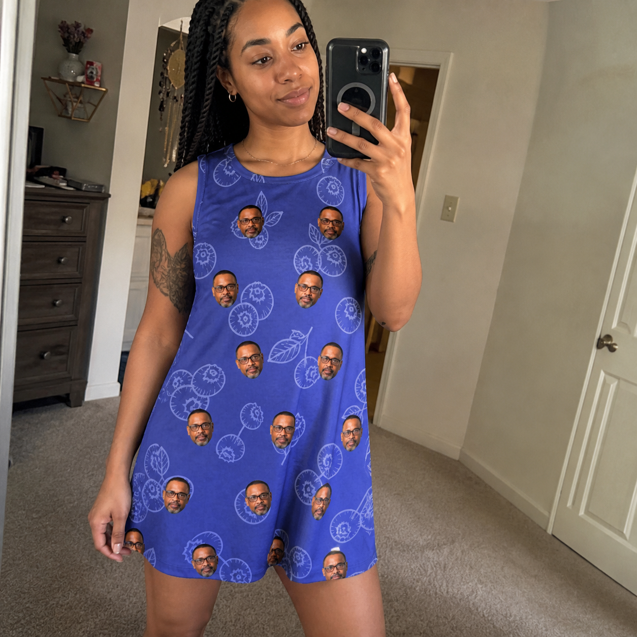 Real-life photo of someone wearing Women's Blueberry Boogie Custom Face Tank Dress — custom faces printed all-over