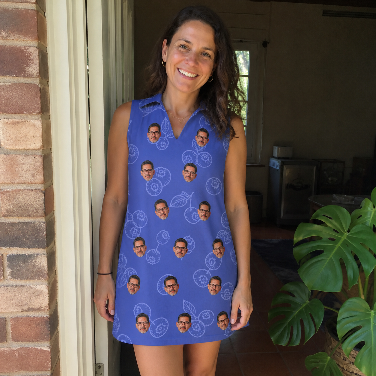 Real-life photo of someone wearing Women's Blueberry Boogie Custom Face V-Neck Dress — custom faces printed all-over