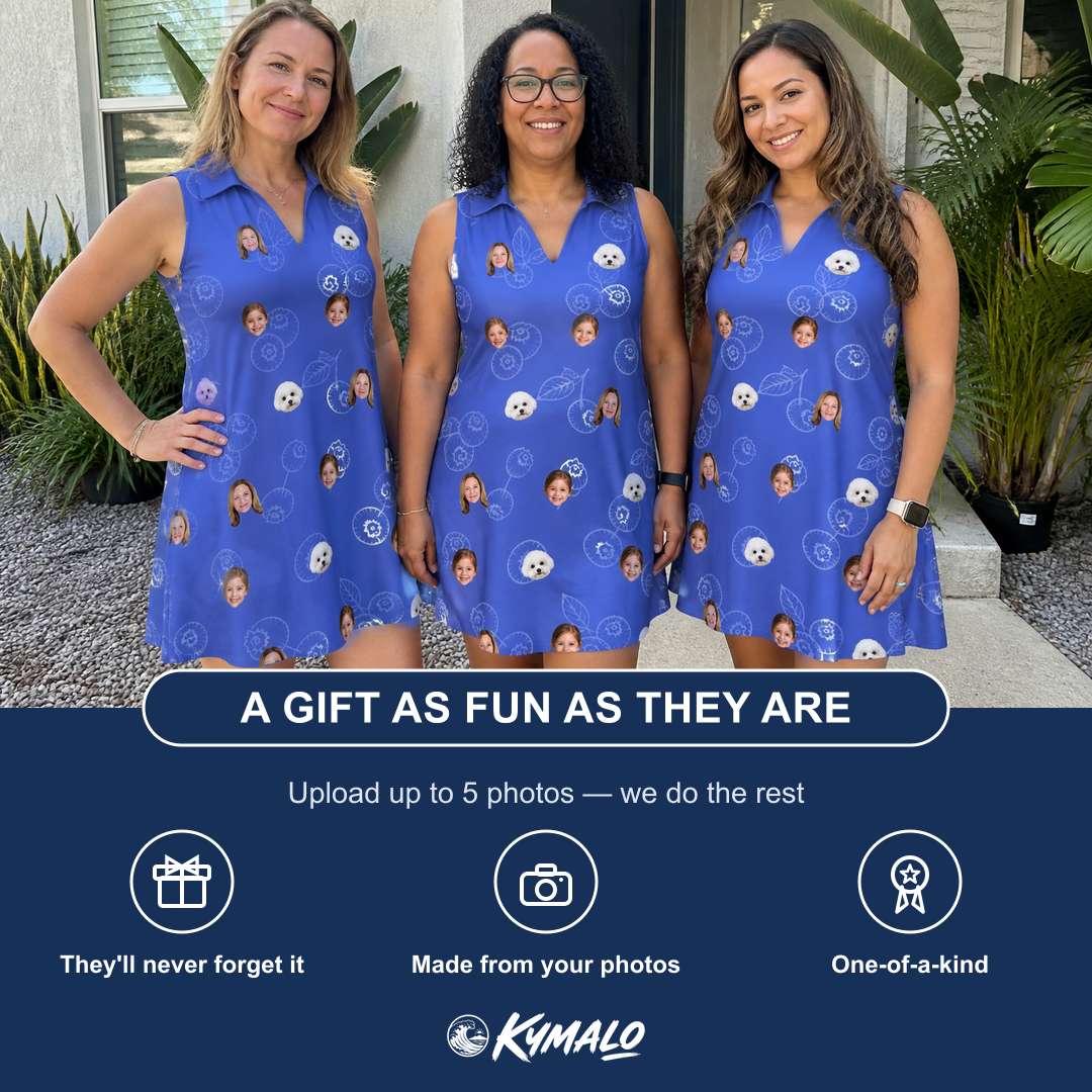 Friends in matching Women's Blueberry Boogie Custom Face V-Neck Dress — a group gift photo