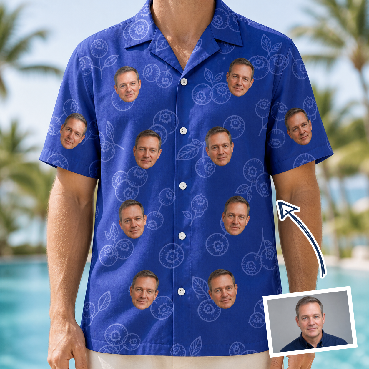 Man wearing Men's Blueberry Boogie Custom Face Hawaiian Shirt — custom faces printed all-over