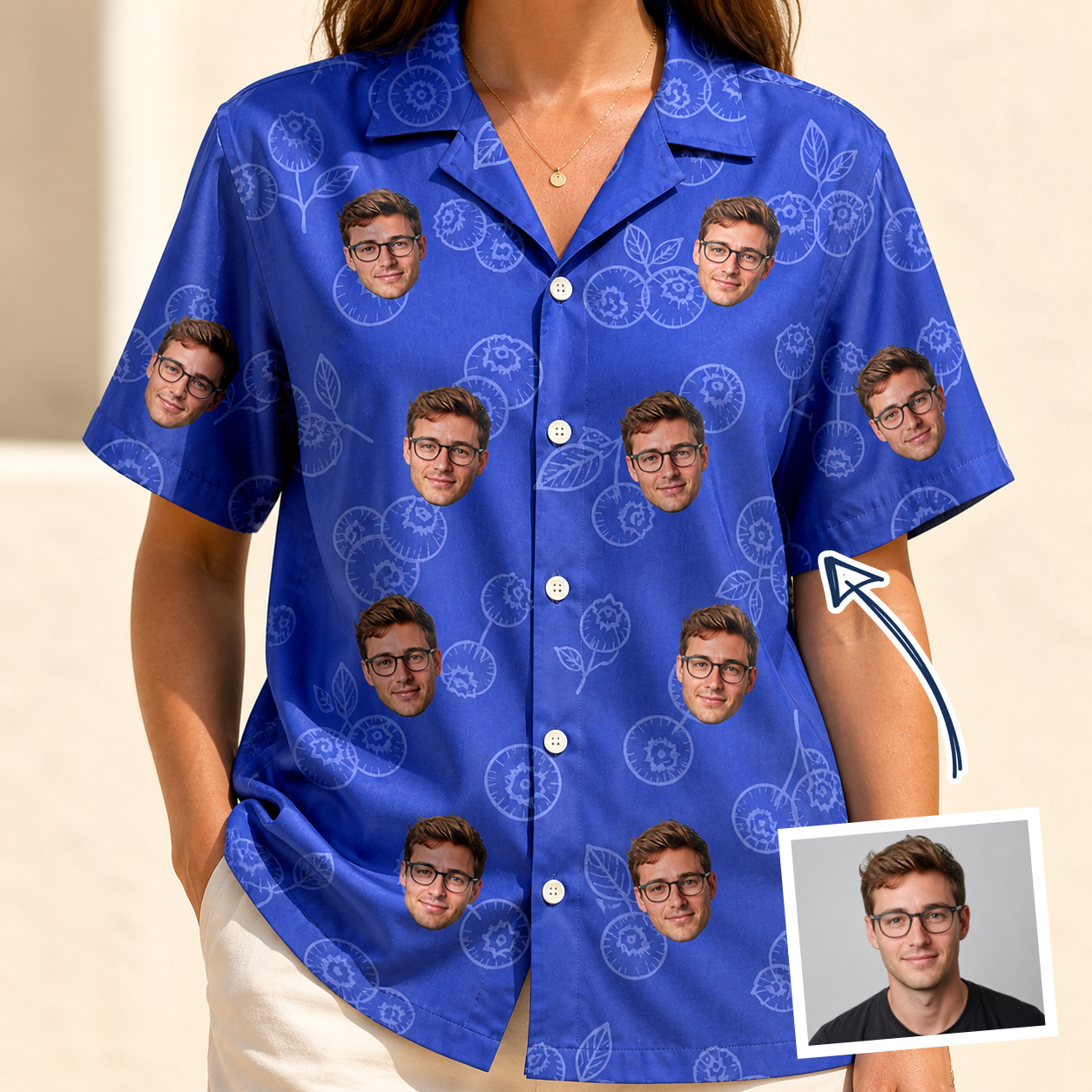 Woman wearing Women's Blueberry Boogie Custom Face Hawaiian Shirt — custom faces printed all-over
