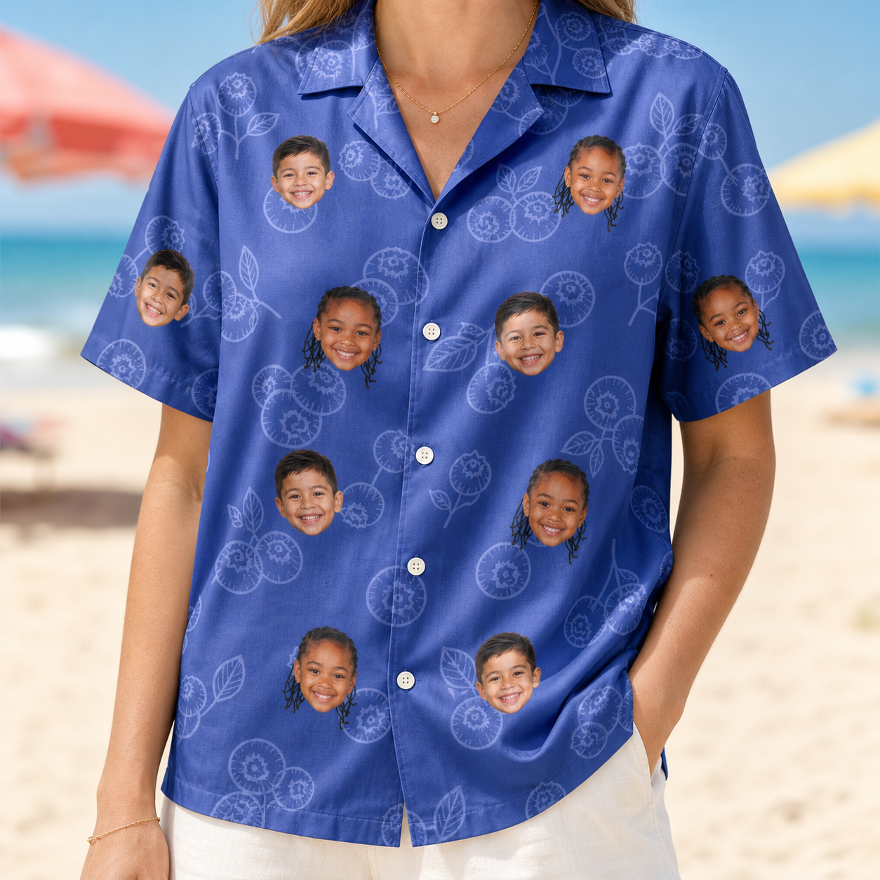 Model wearing Women's Blueberry Boogie Custom Face Hawaiian Shirt printed with kids' faces