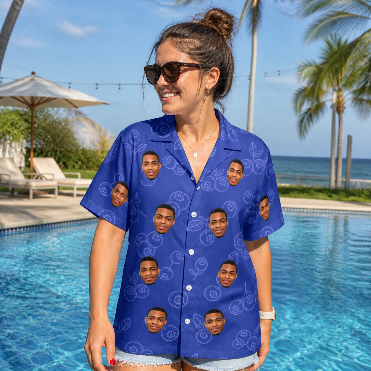 Real-life photo of someone wearing Women's Blueberry Boogie Custom Face Hawaiian Shirt — custom faces printed all-over