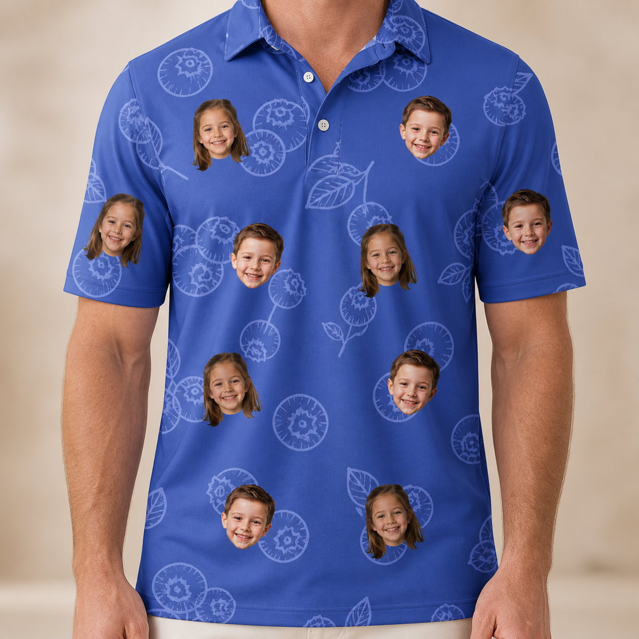 Model wearing Men's Blueberry Boogie Custom Face Polo Shirt printed with kids' faces