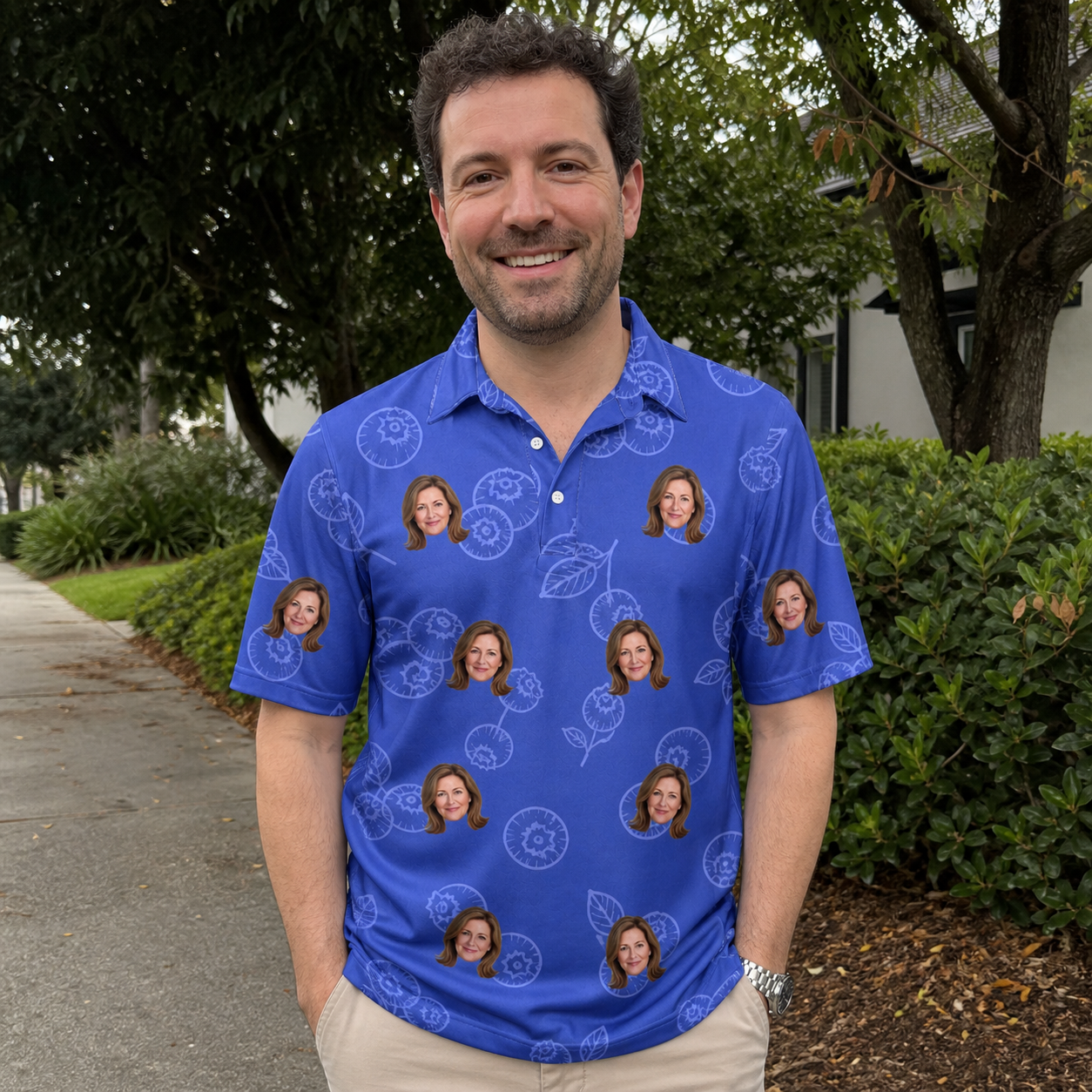 Real-life photo of someone wearing Men's Blueberry Boogie Custom Face Polo Shirt — custom faces printed all-over