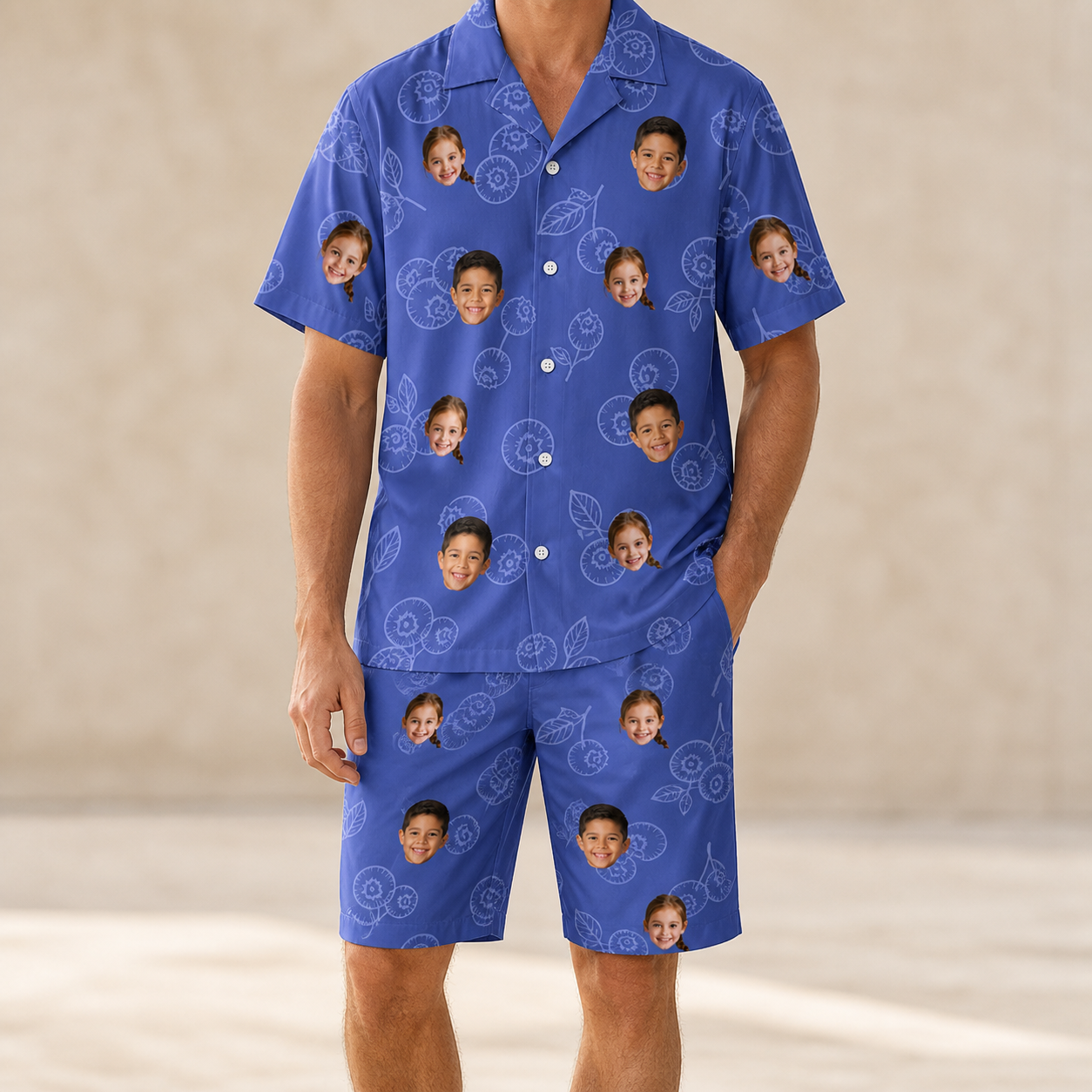 Model wearing Men's Blueberry Boogie Custom Face Shirt & Shorts Set printed with kids' faces