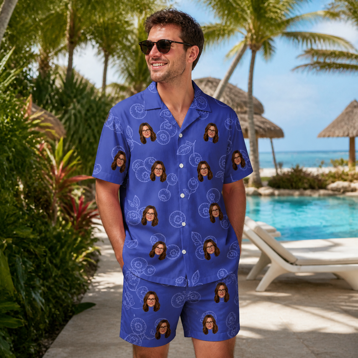 Real-life photo of someone wearing Men's Blueberry Boogie Custom Face Shirt & Shorts Set — custom faces printed all-over