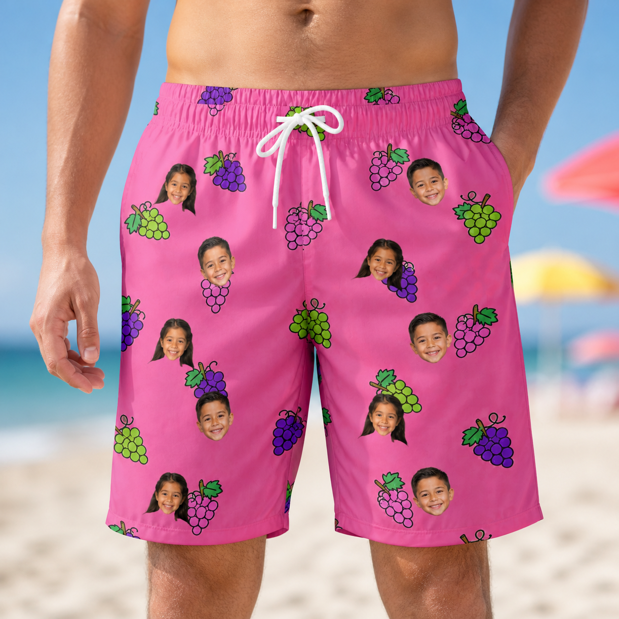 Model wearing Men's Grape Escape Custom Face Beach Shorts printed with kids' faces