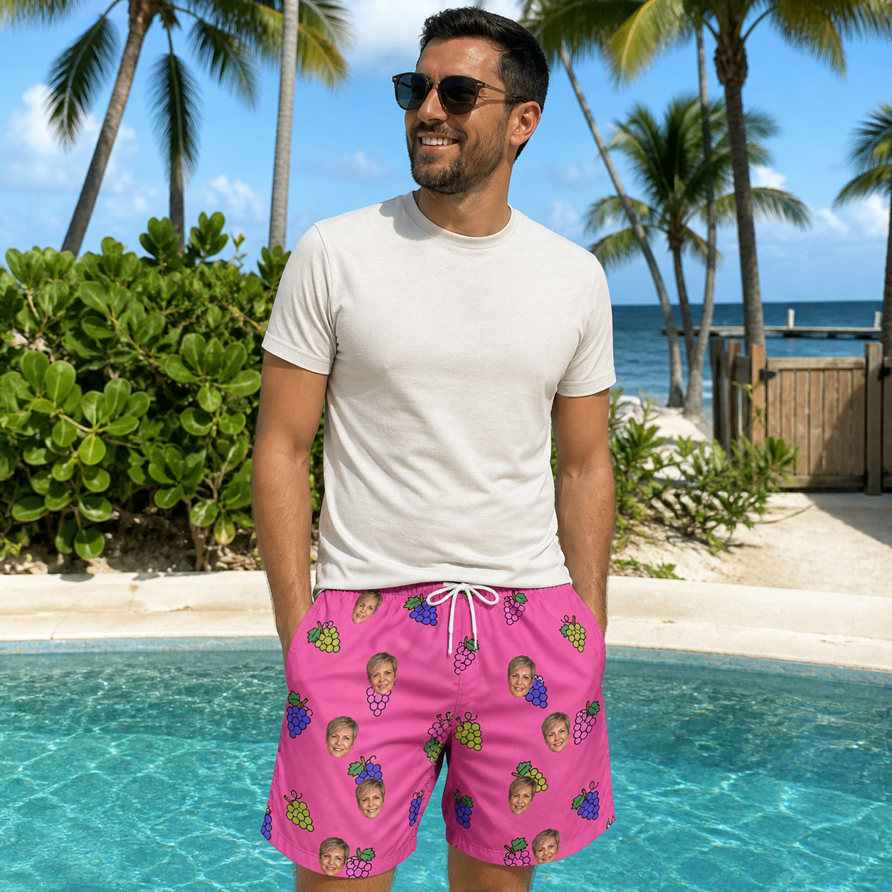 Real-life photo of someone wearing Men's Grape Escape Custom Face Beach Shorts — custom faces printed all-over