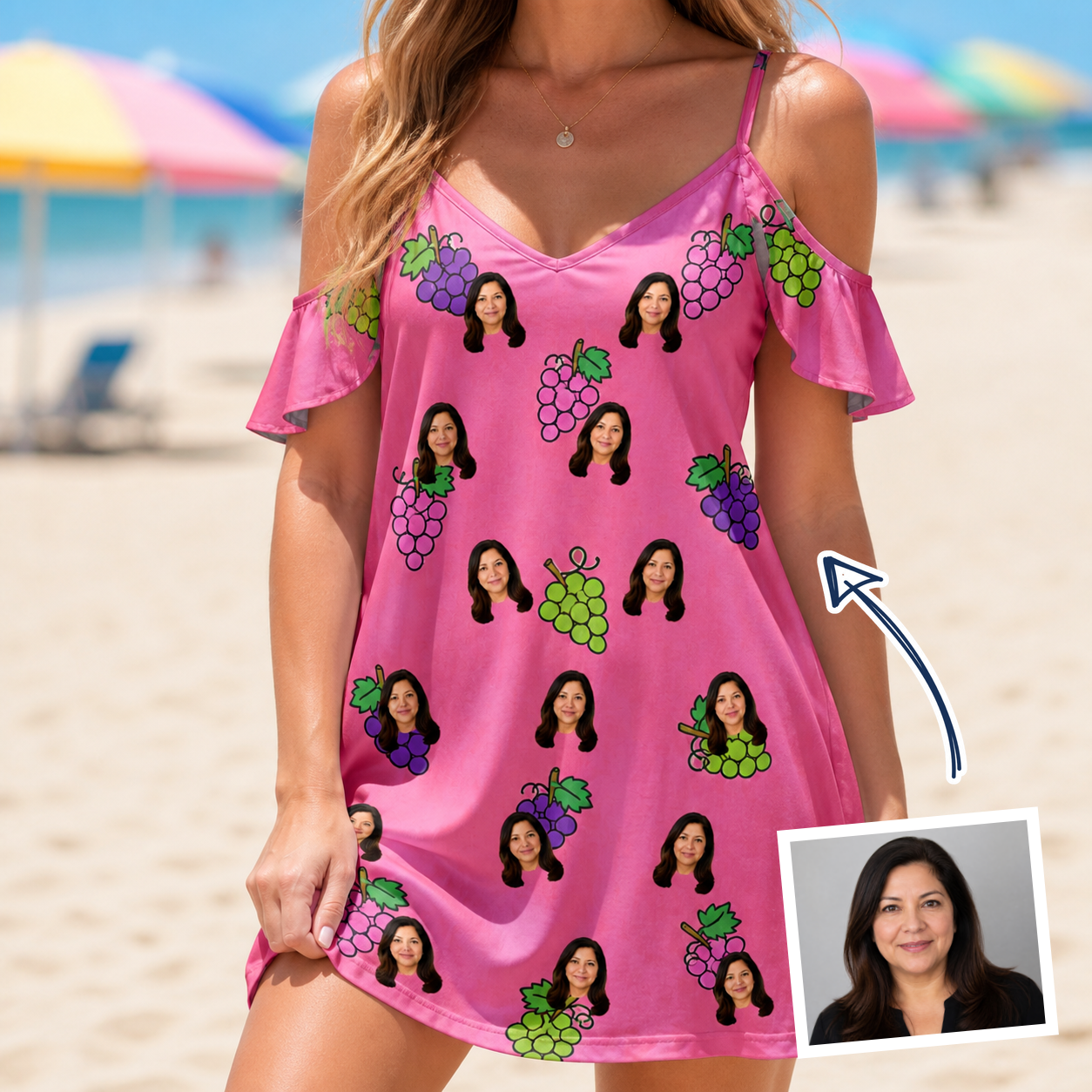 Woman wearing Women's Grape Escape Custom Face Off-Shoulder Dress — custom faces printed all-over